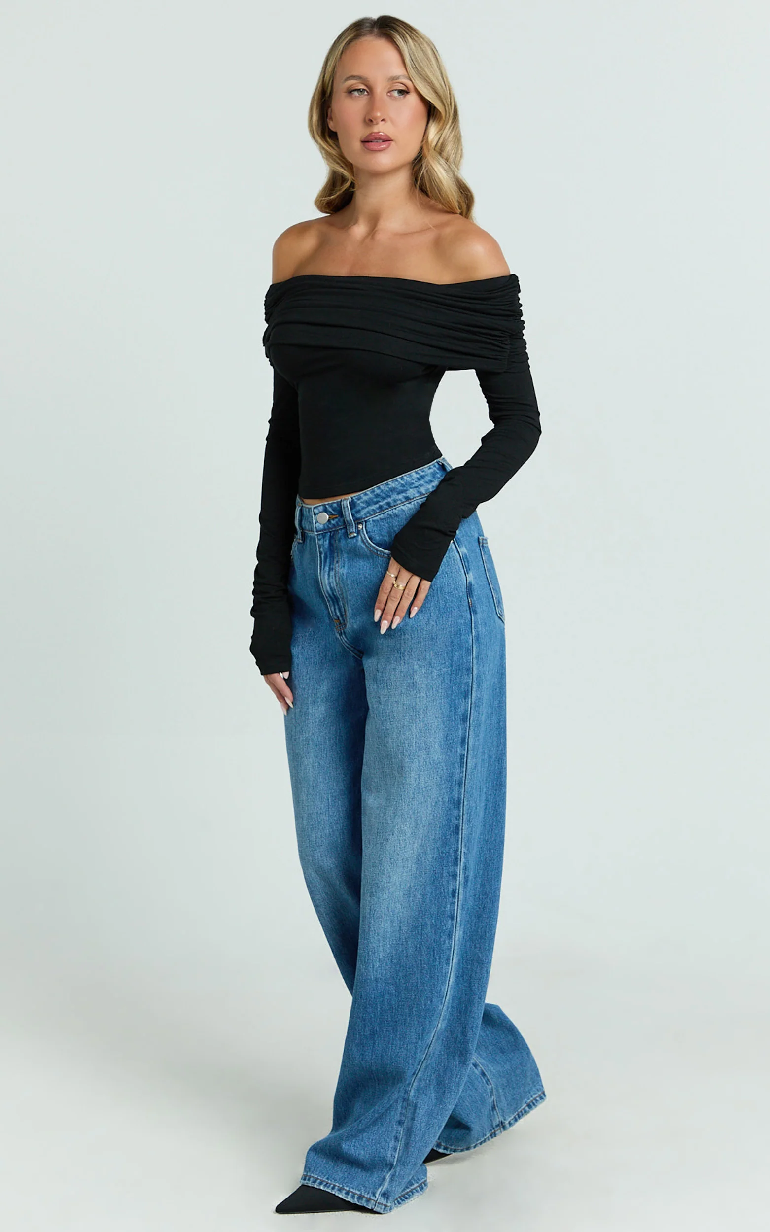 Jolie Top - Off Shoulder Long Sleeve Gathered Top in Black