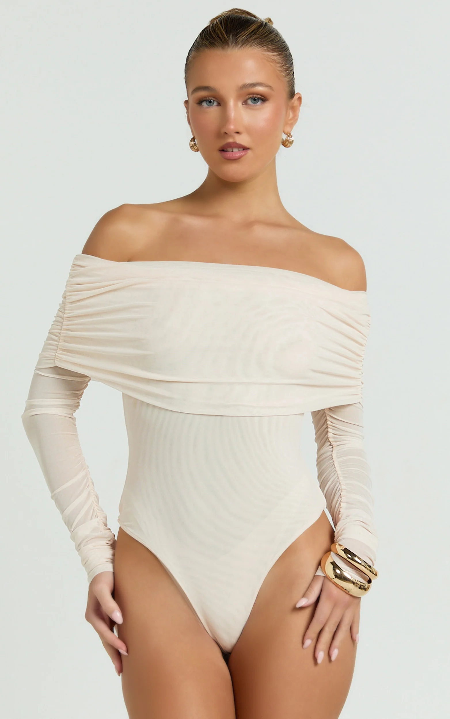 Jaythen Bodysuit - Long Sleeve Off Shoulder Ruched Mesh Bodysuit in Cream