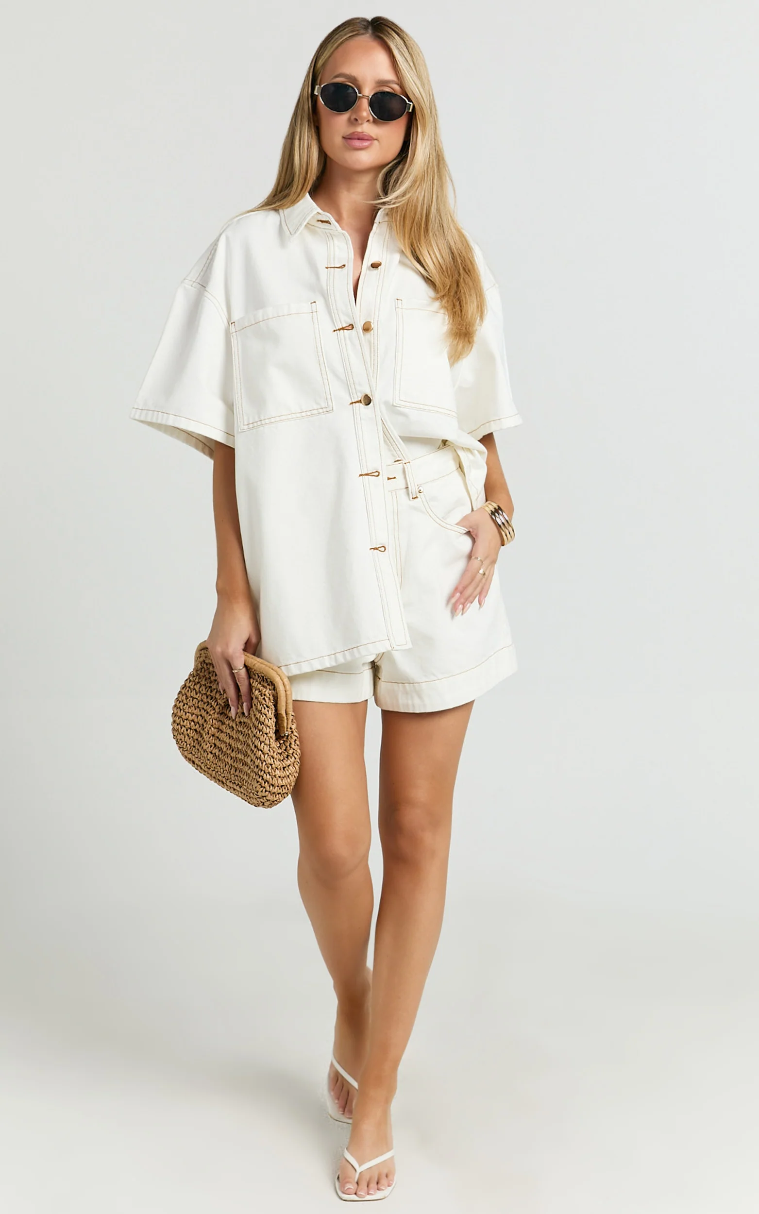 Rhianna Top - Oversized Recycled Denim Hardware Detail Short Sleeve Shirt in Ecru with Contrast Tobacco Stitch