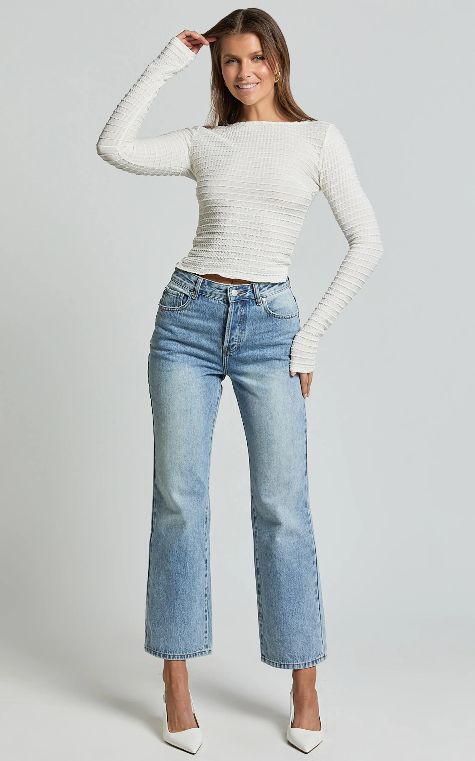 Madeline Top - Long Sleeve Textured Boat Neck Top in Cream