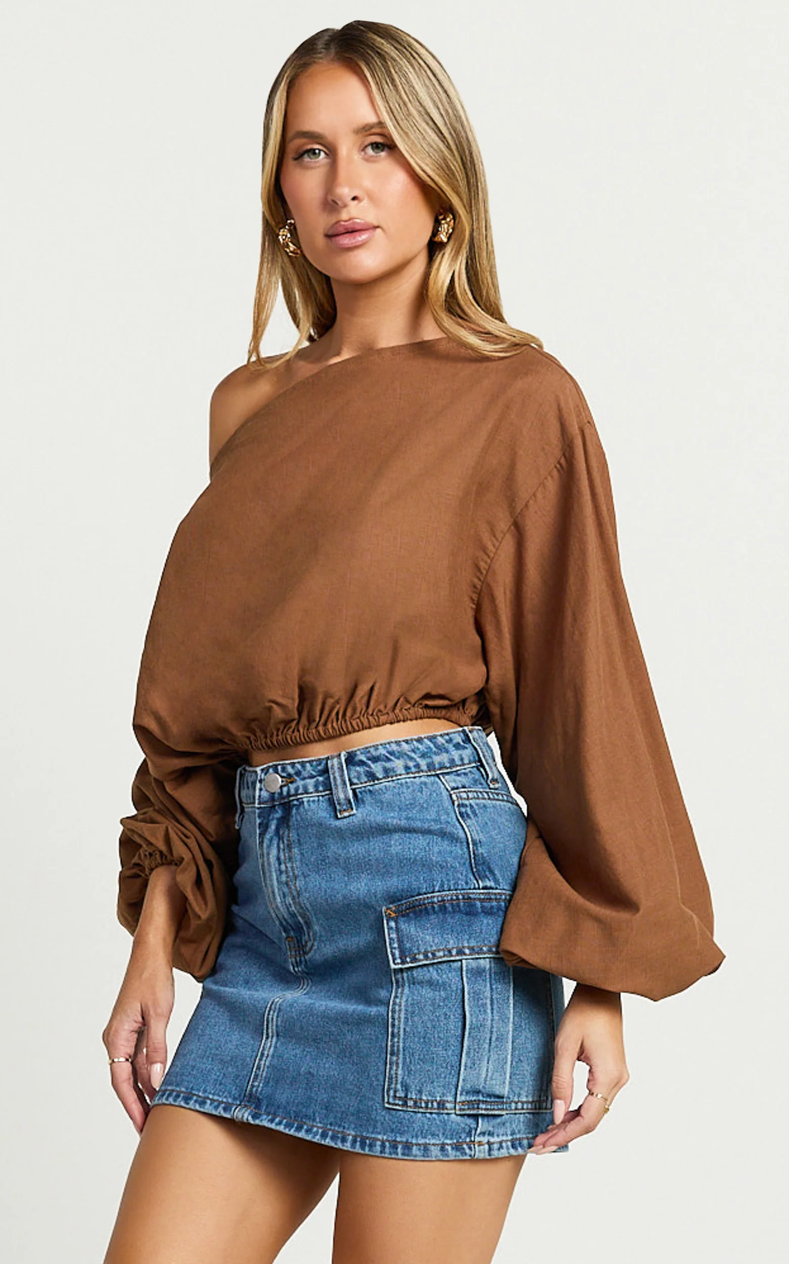 Alesia Top - Asymmetrical Boat Neck Elastic Hem Crop Top in Chocolate