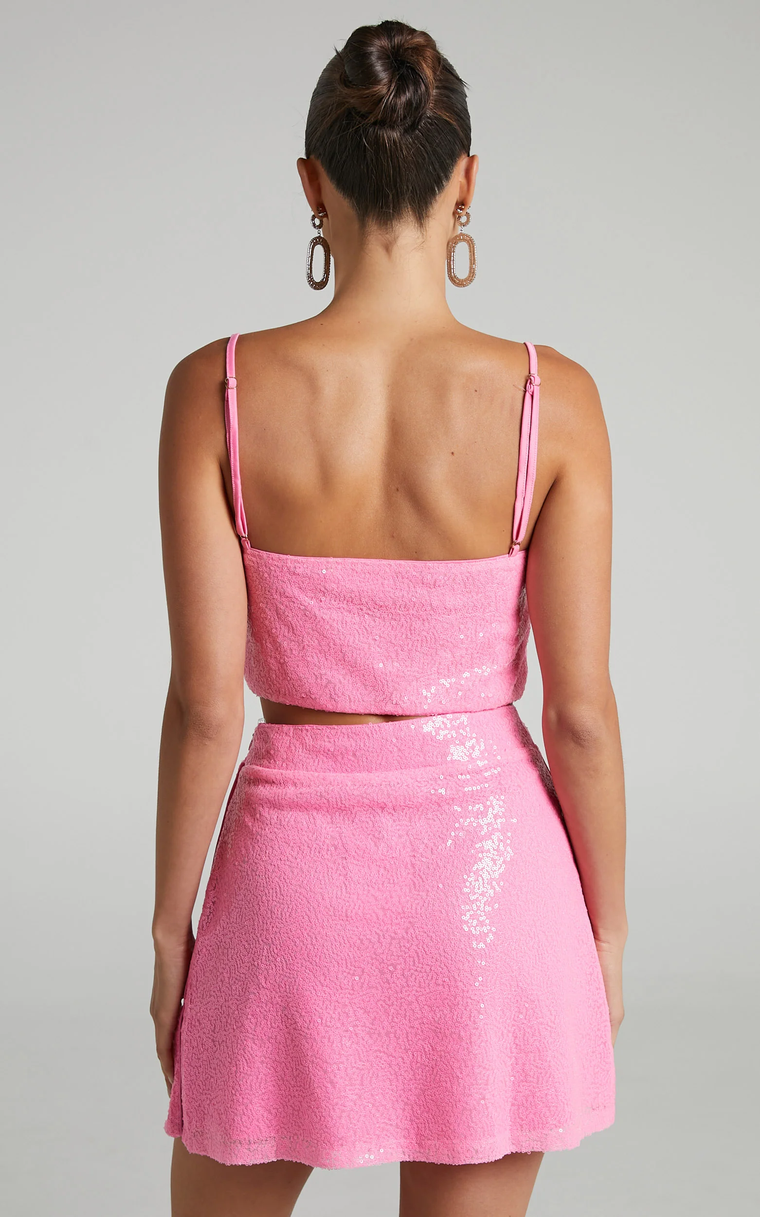 Elswyth Top - Strappy Sequin Crop Cami Top in Pink
