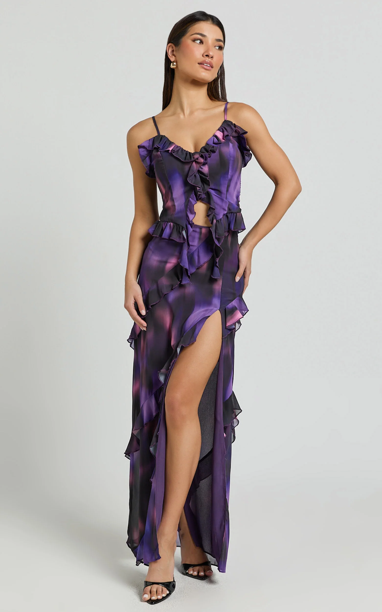 Velma Top - Recycled Ruffle Detail Blur Print Cami Top in Violet Night Print