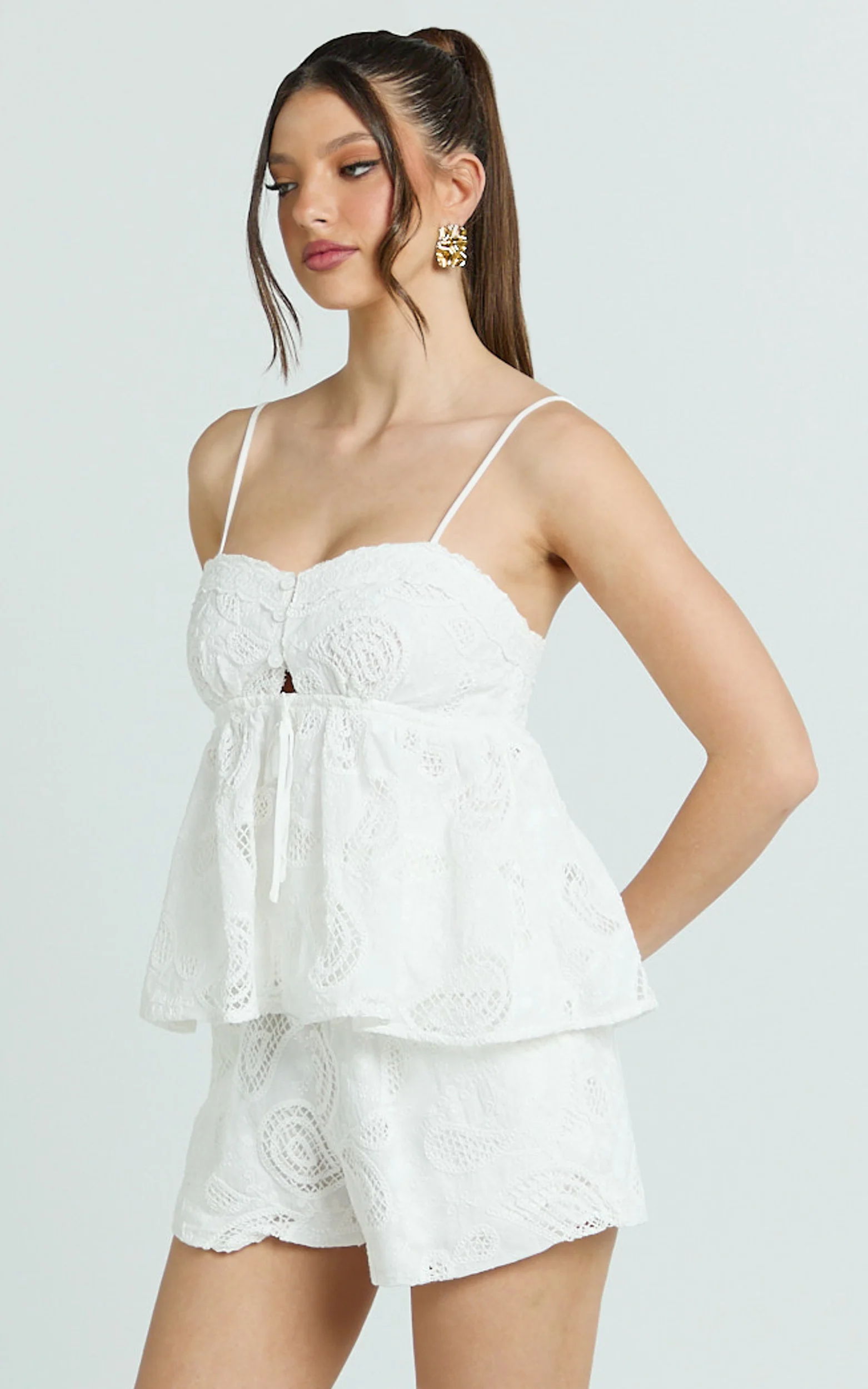Duffy Top - Lace Trim Broderie Babydoll Camisole in White