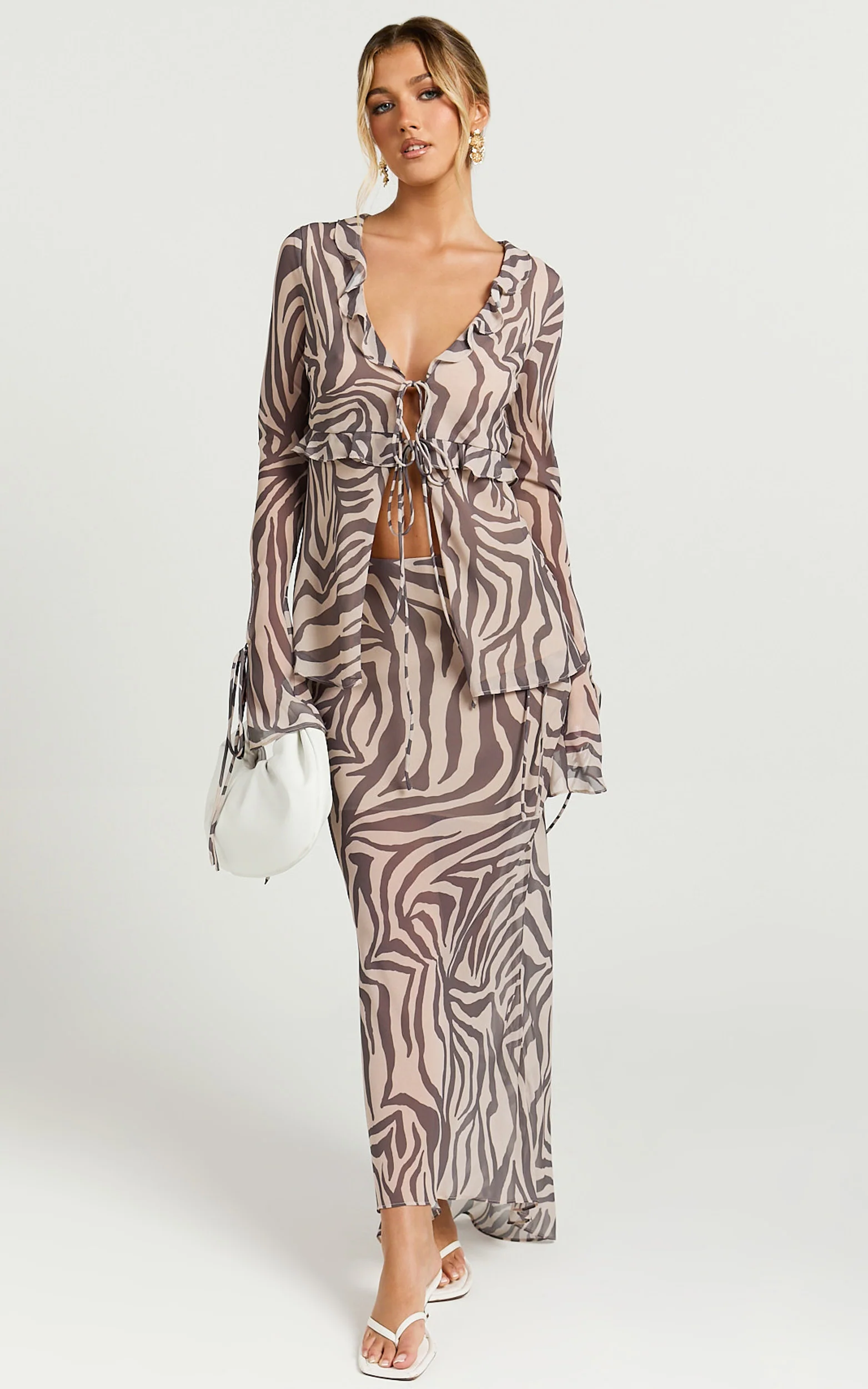 Rita Top - Georgette Tie Front Flared Sleeve Top in Abstract Zebra Print