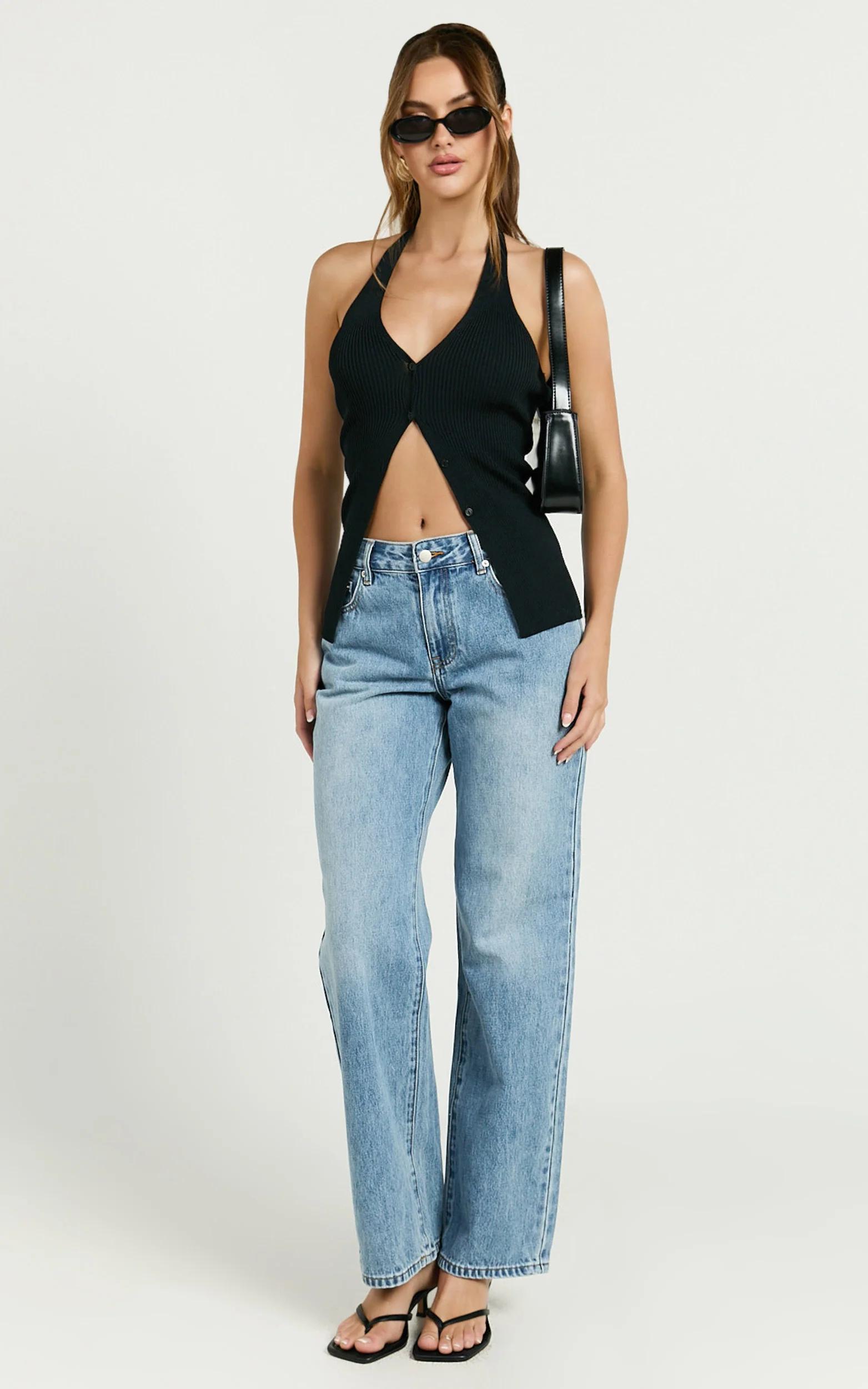 Jaiden Top - V Neck Knitted Button Down Vest Top in Black