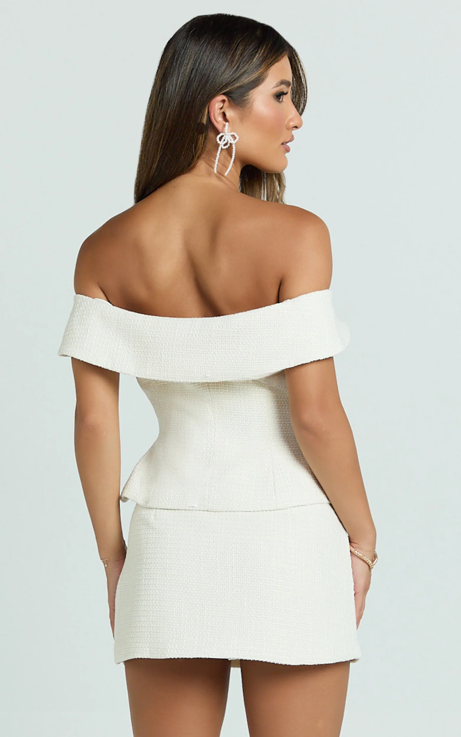 Aleena Top - Boucle Off Shoulder Button Detail Top in Cream