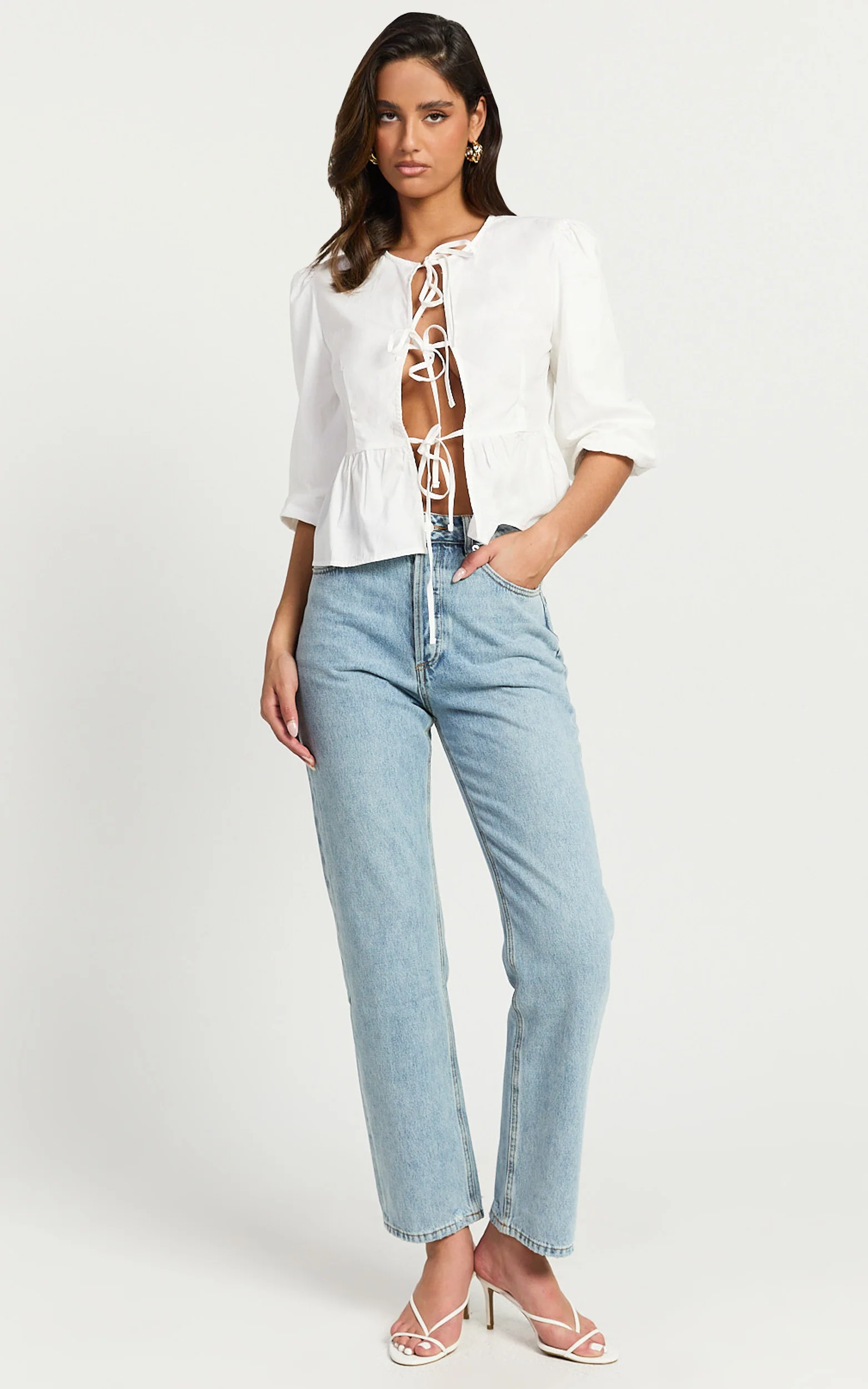 Tara Top - Tie Front Detail Puff Sleeve Top in White