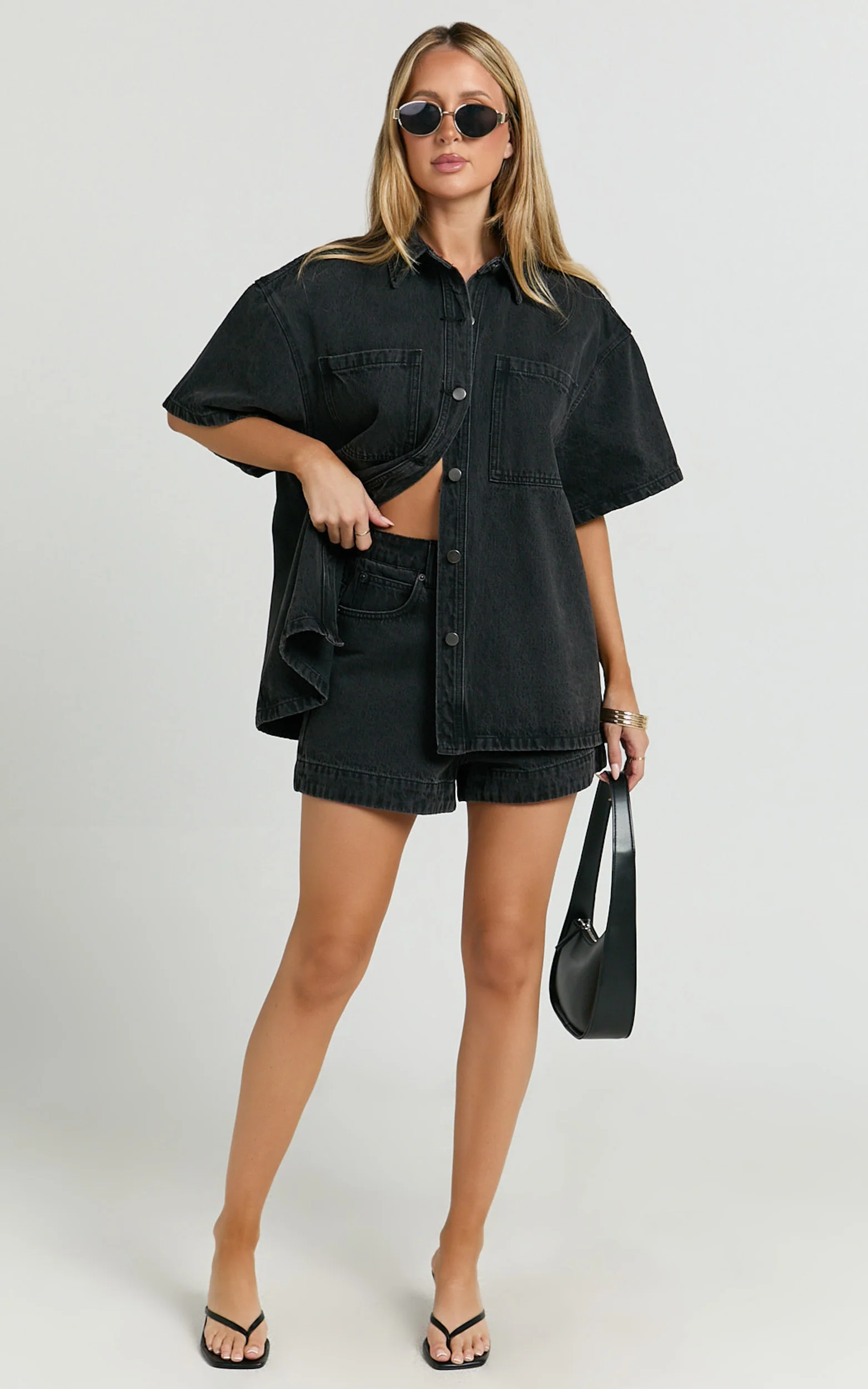 Rhianna Top - Oversized Recycled Denim Hardware Detail Short Sleeve Shirt in Washed Black
