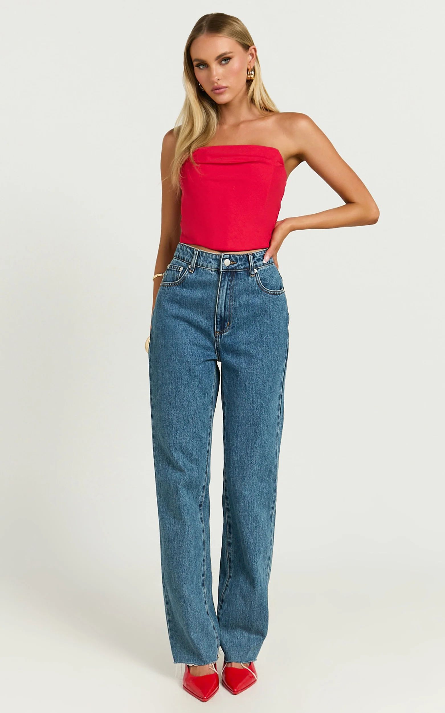 Marcelle Top - Strapless Cowl Corset Satin Top in Red