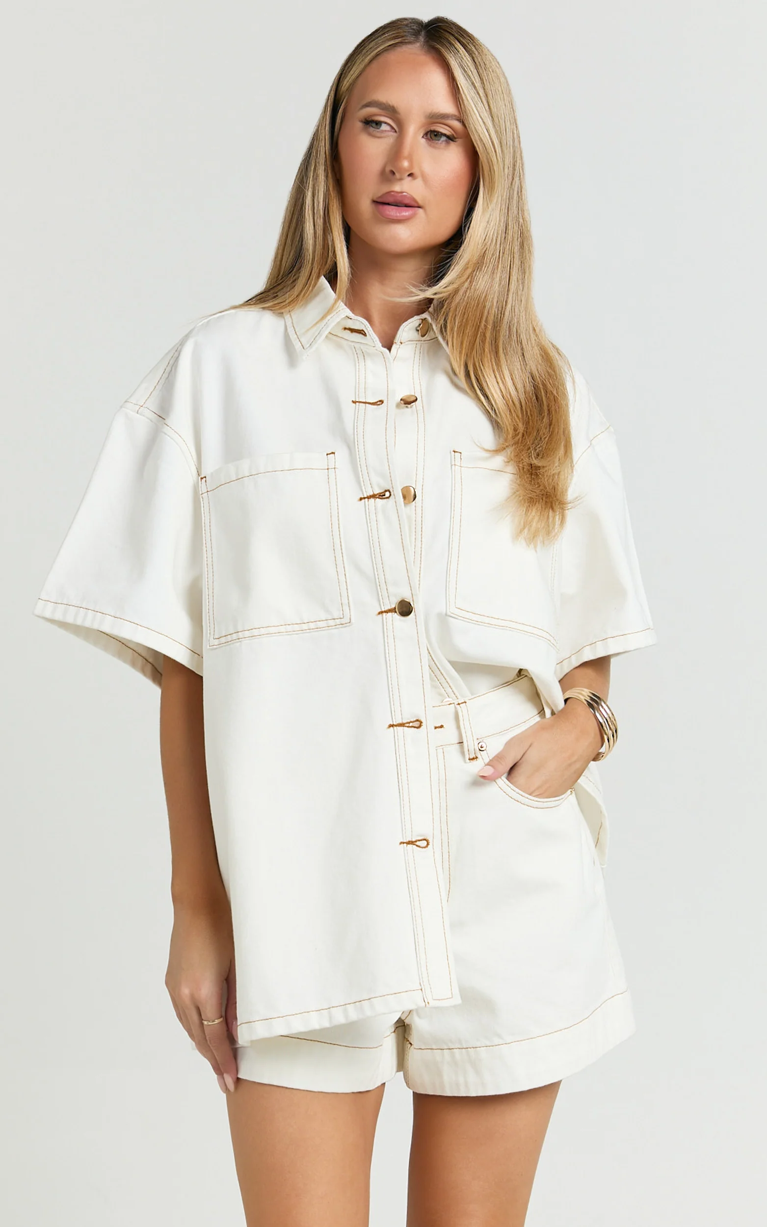 Rhianna Top - Oversized Recycled Denim Hardware Detail Short Sleeve Shirt in Ecru with Contrast Tobacco Stitch
