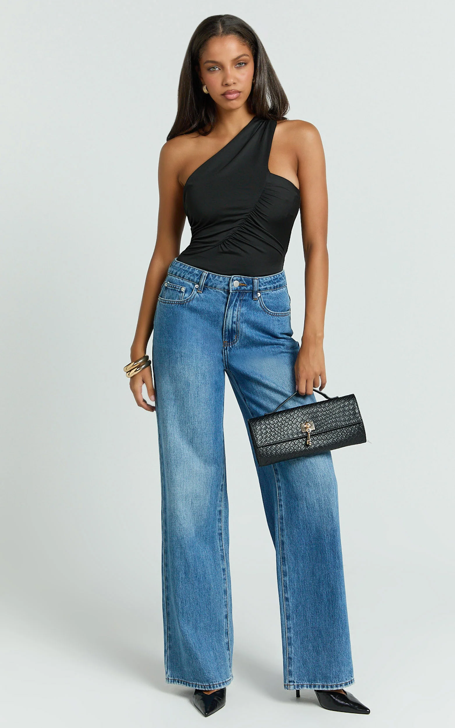 Vivi Bodysuit - One Shoulder Bodysuit With Scarf Back in Black