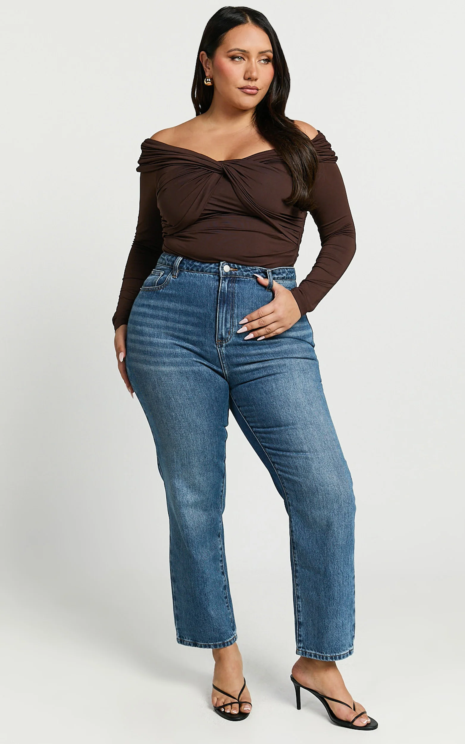 Shamaira Bodysuit - Twist Front Off Shoulder Long Sleeve in Brown