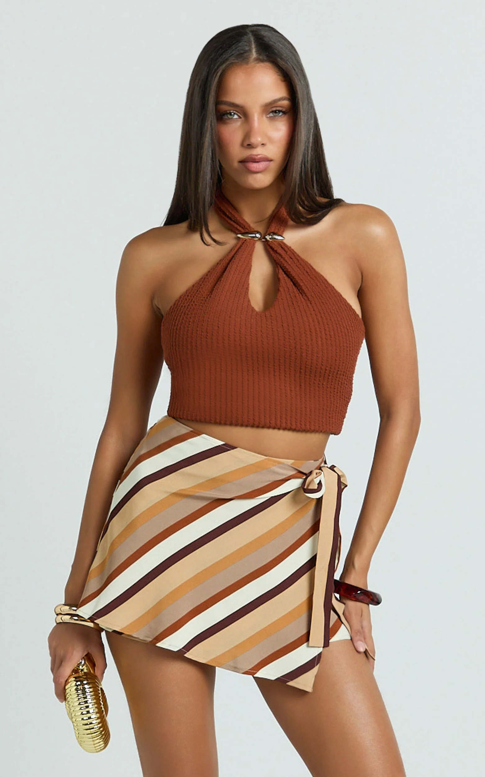 Evie Top - Halter Neck Brooch Detail Top in Brown