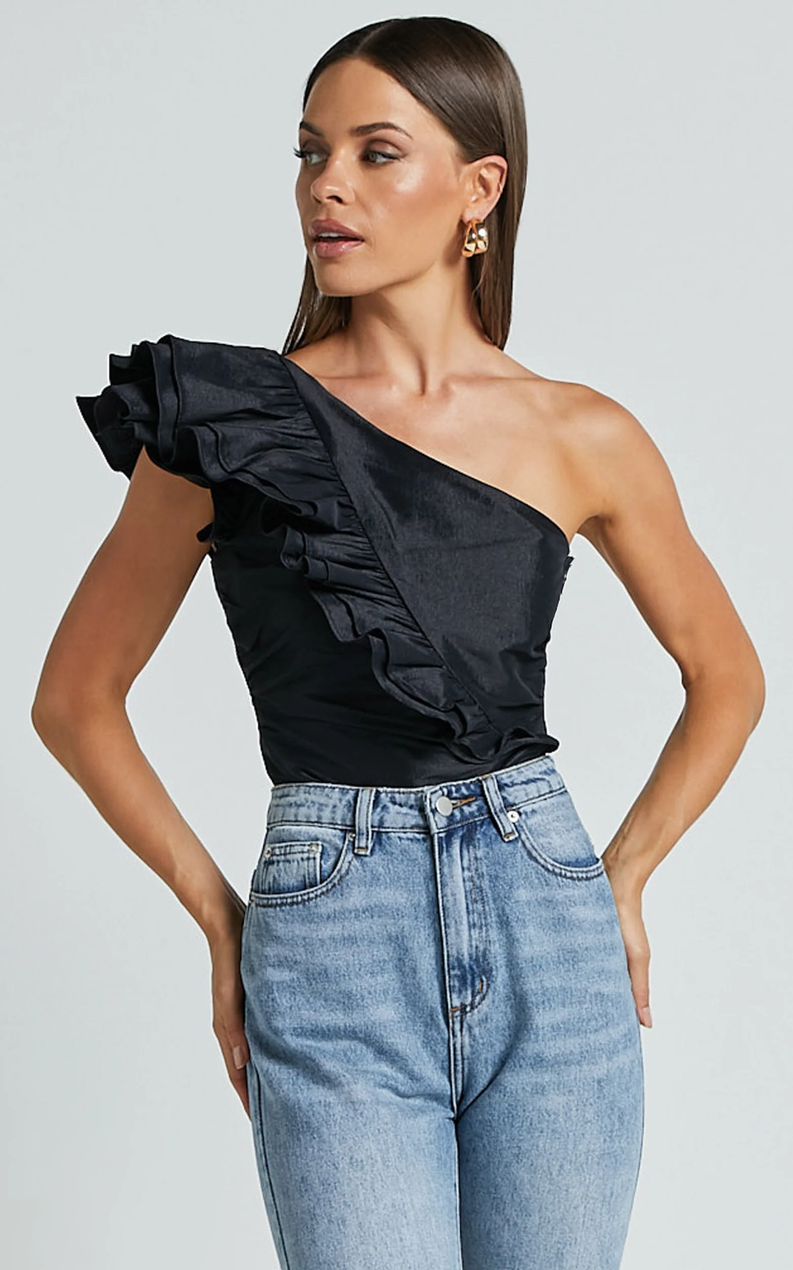 Kirby Top - One Shoulder Frill Top in Black