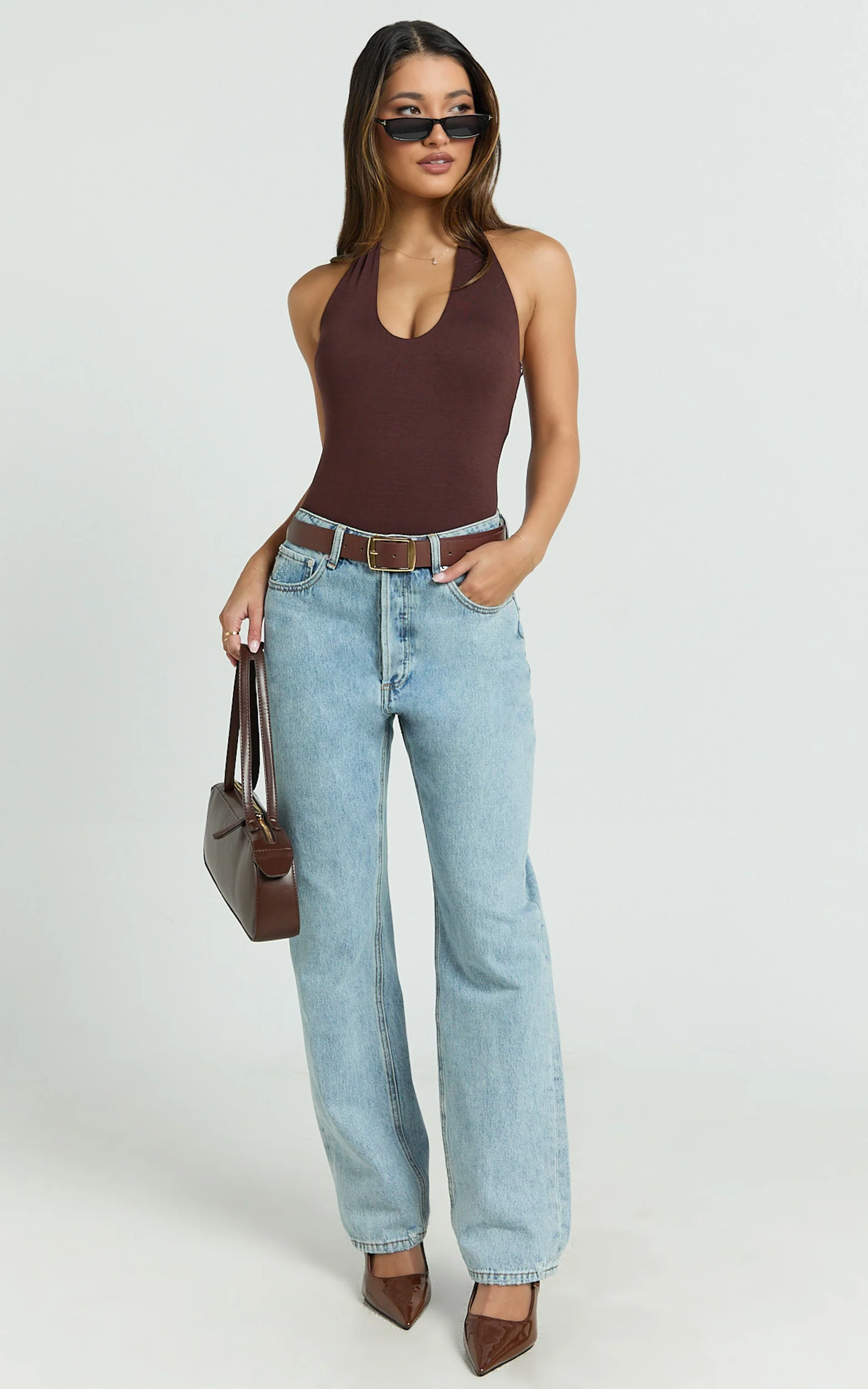 Suzanna Bodysuit - V Neck Halter Bodysuit in Chocolate