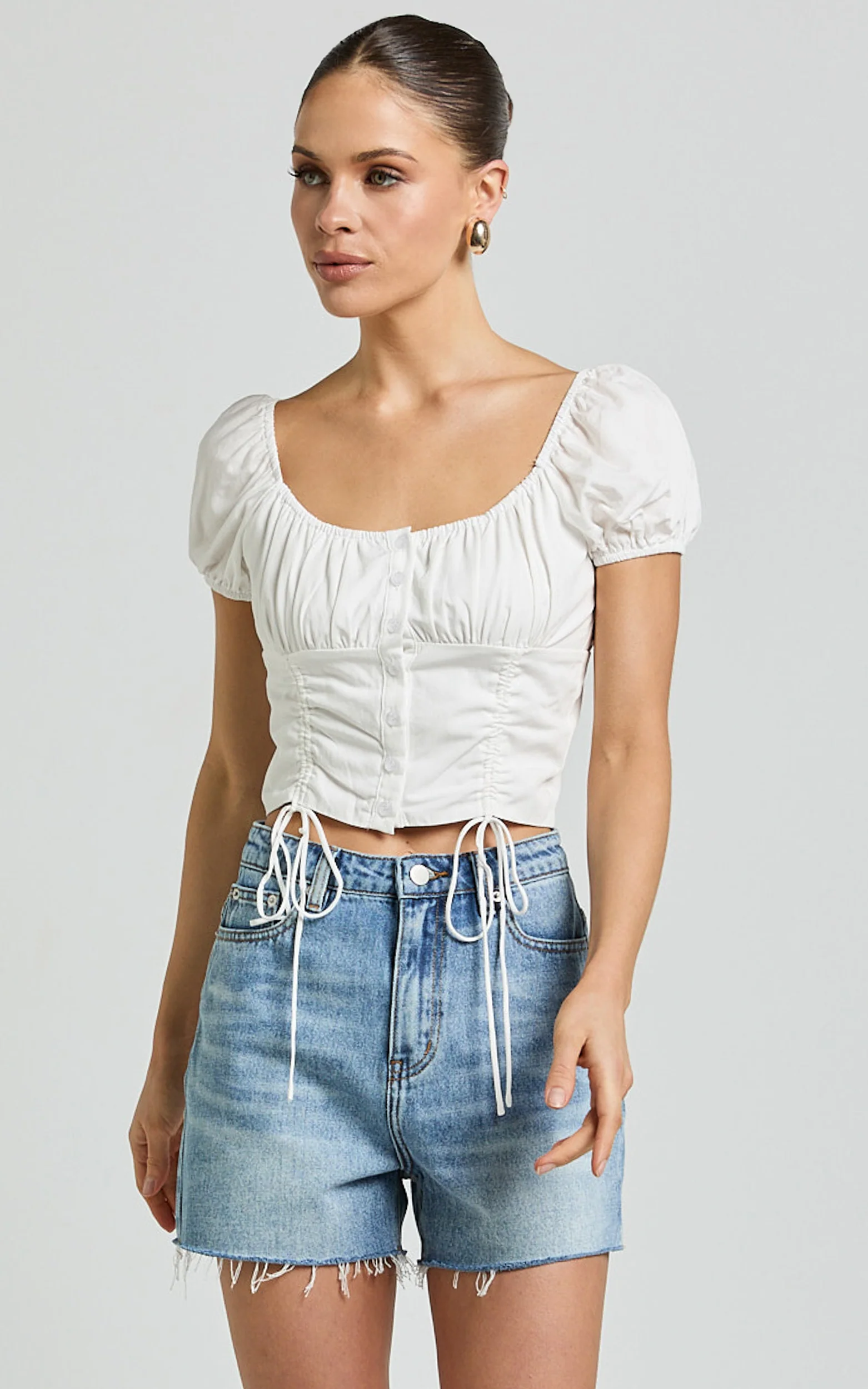 Valerie Top - Puff Sleeve Ruched Button Front Tie Hem Top in White