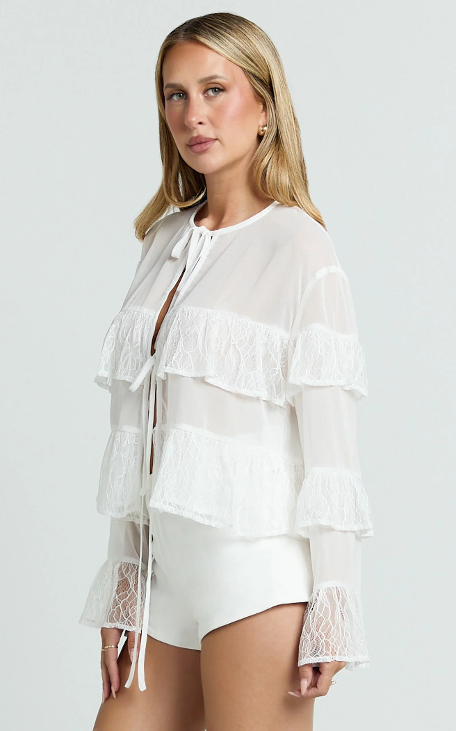 Safiya Top - Tie Front Ruffle Sleeve Blouse Top in White