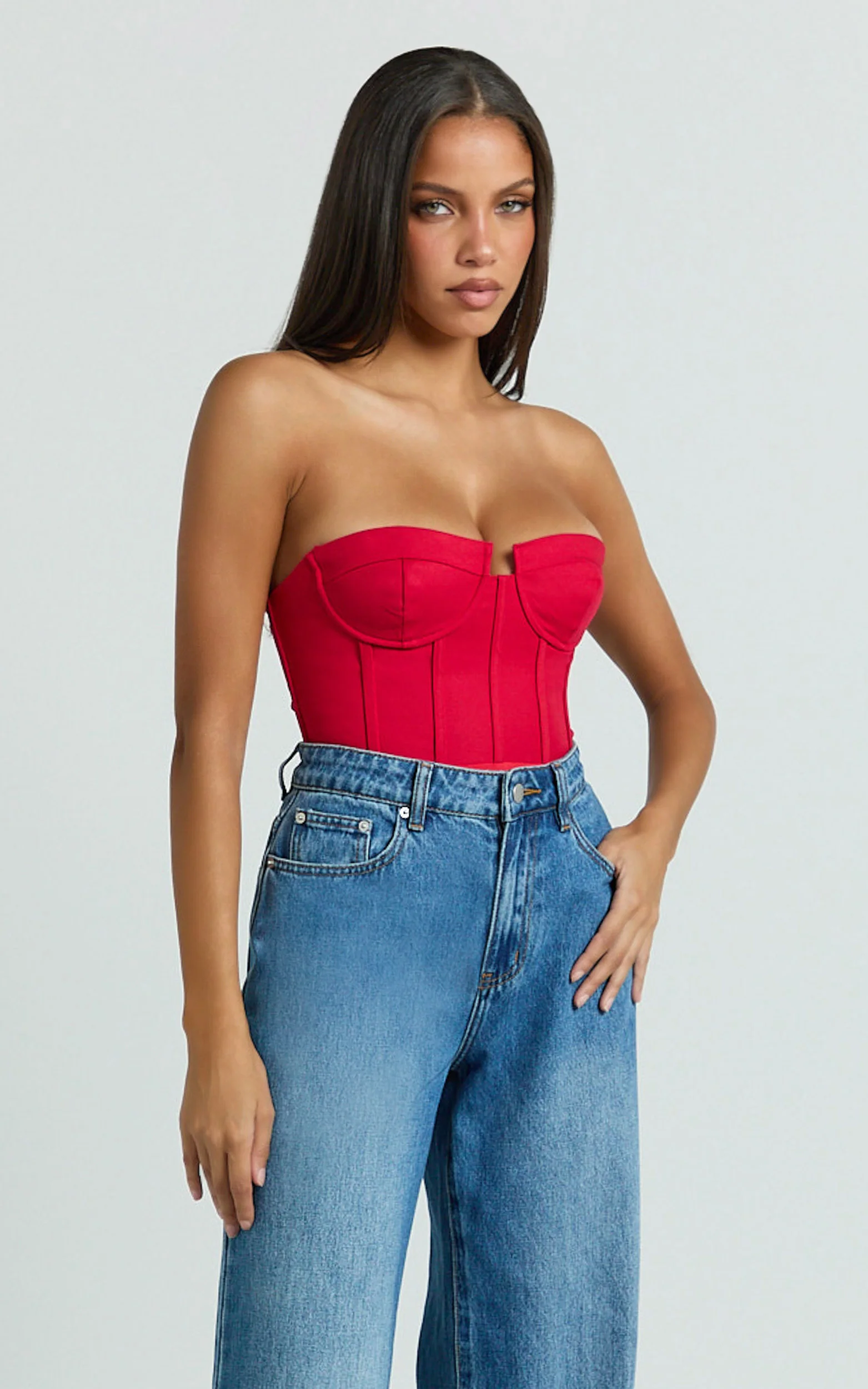 Brigitte Bodysuit - Sweetheart Paneled Bodysuit in Red