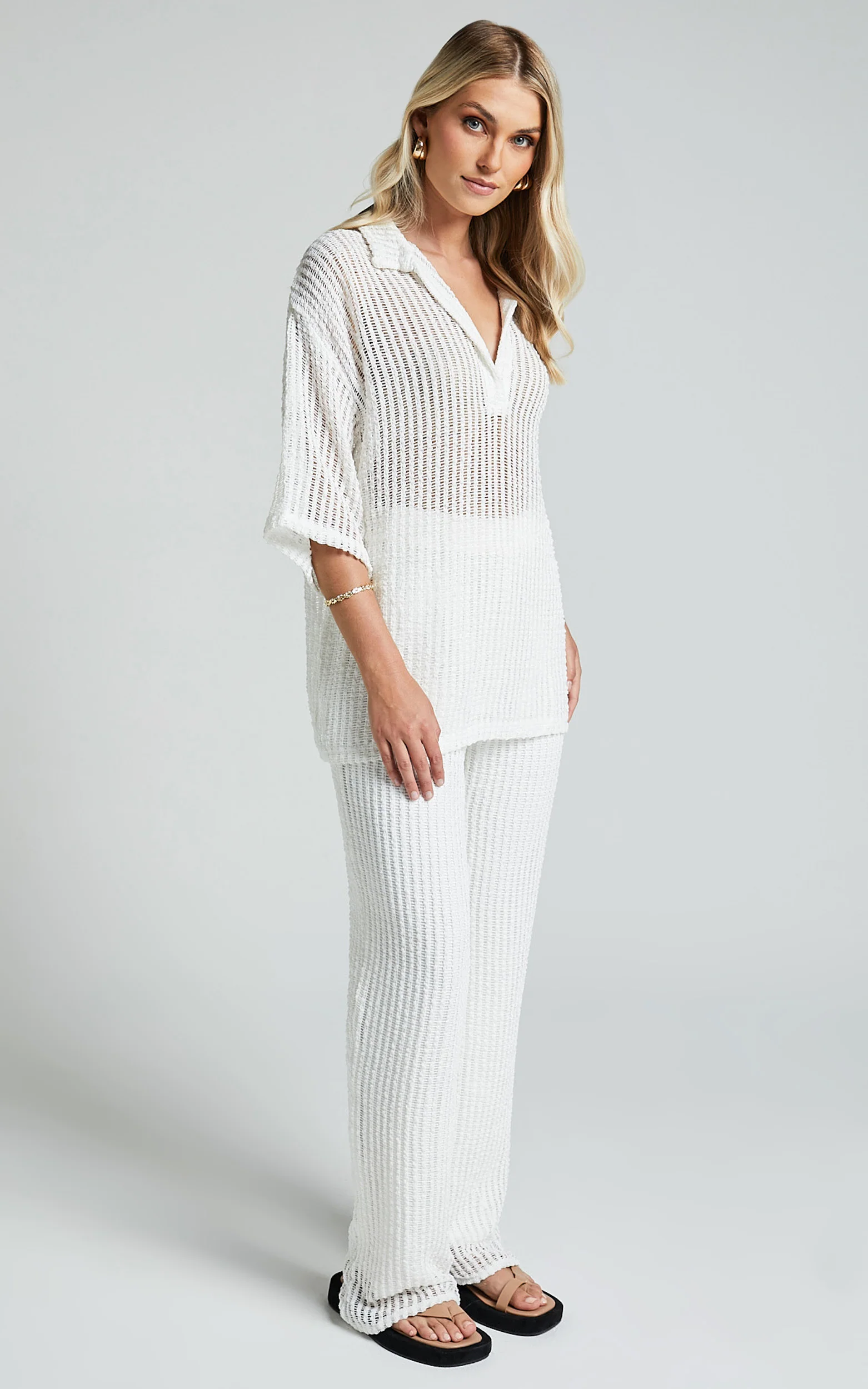 Cessily Top - V Neck Oversized Sheer Crochet Blouse in White