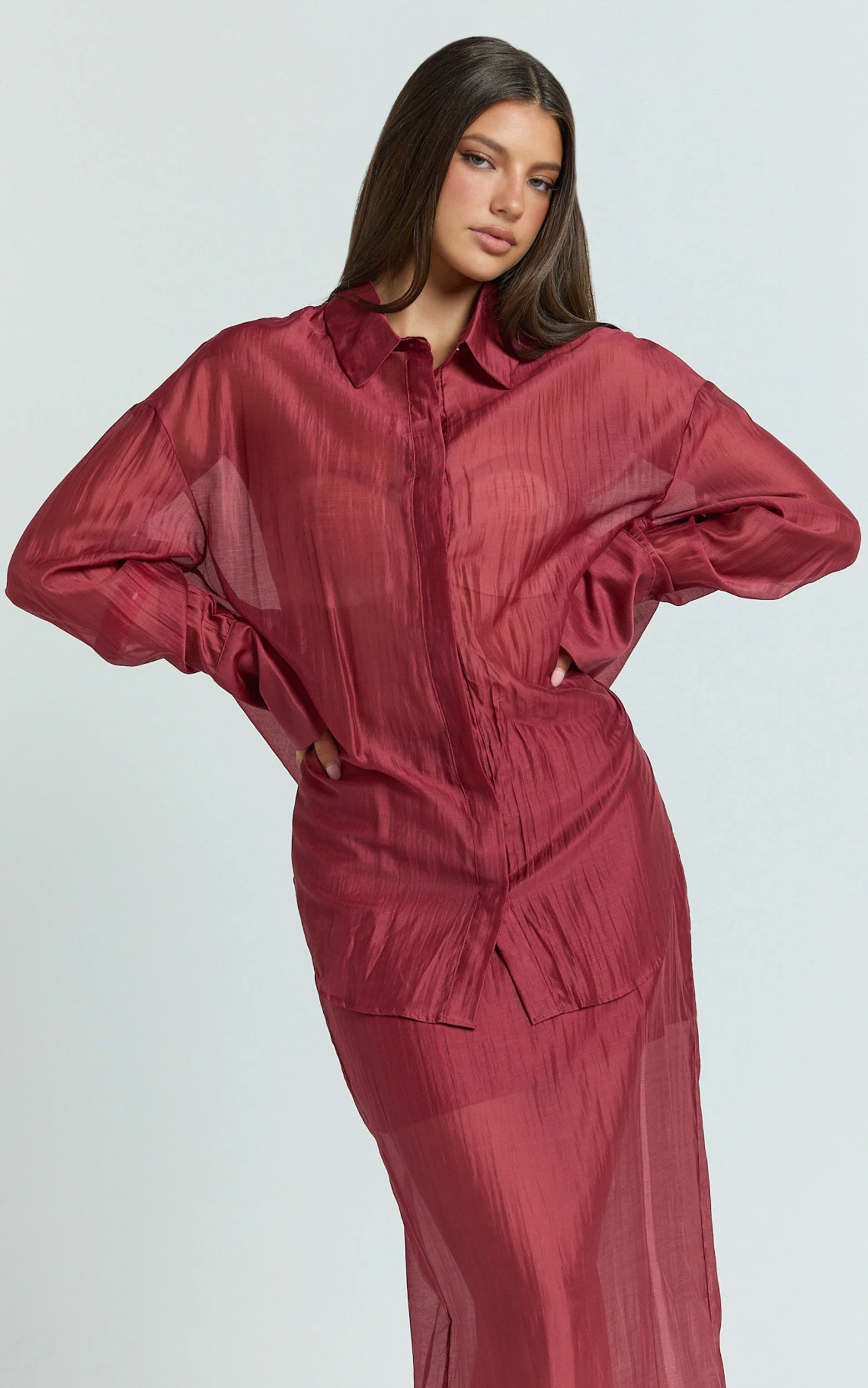 Amalia Top - Sheer Concealed Placket Collared Shirt in Cherry
