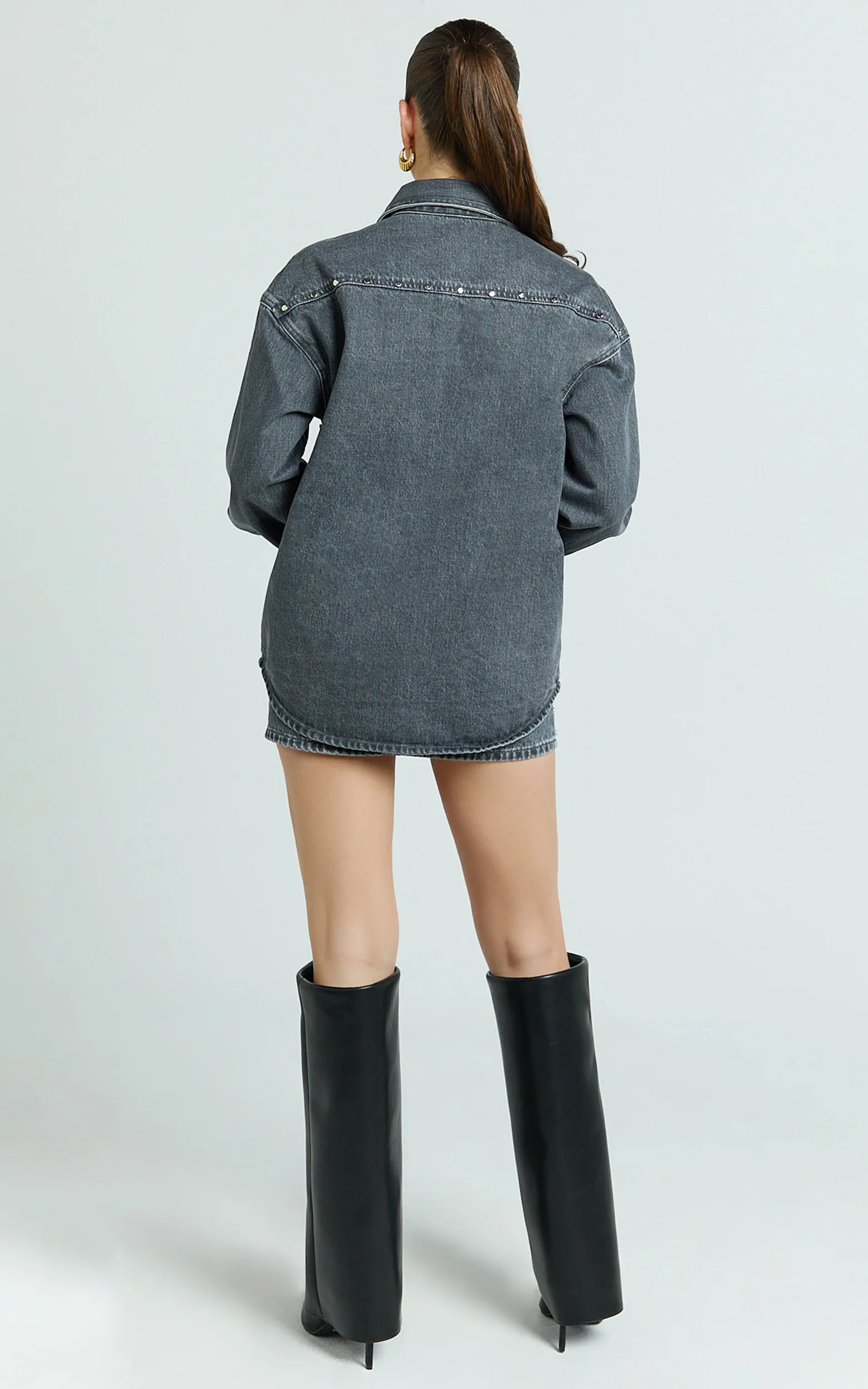 Makayla Top - Long Sleeve Stud Detail Denim Shirt in Dark Grey