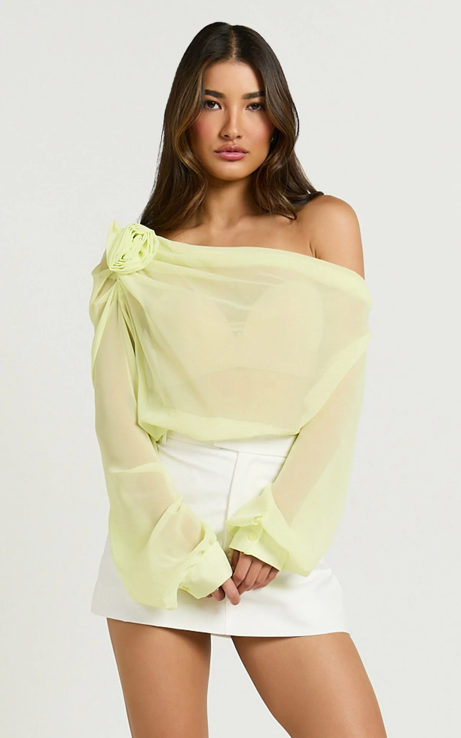 Terry Top - One Shoulder Rosette Detail Gathered Top in Citrus