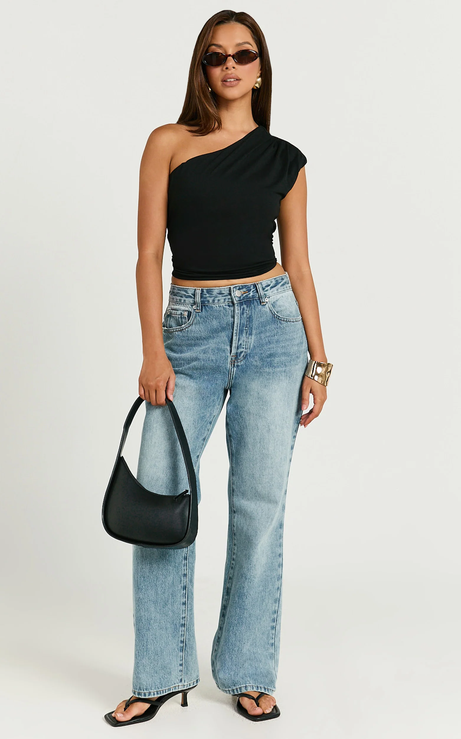 Renner Top - Gathered Extended One Shoulder Top in Black