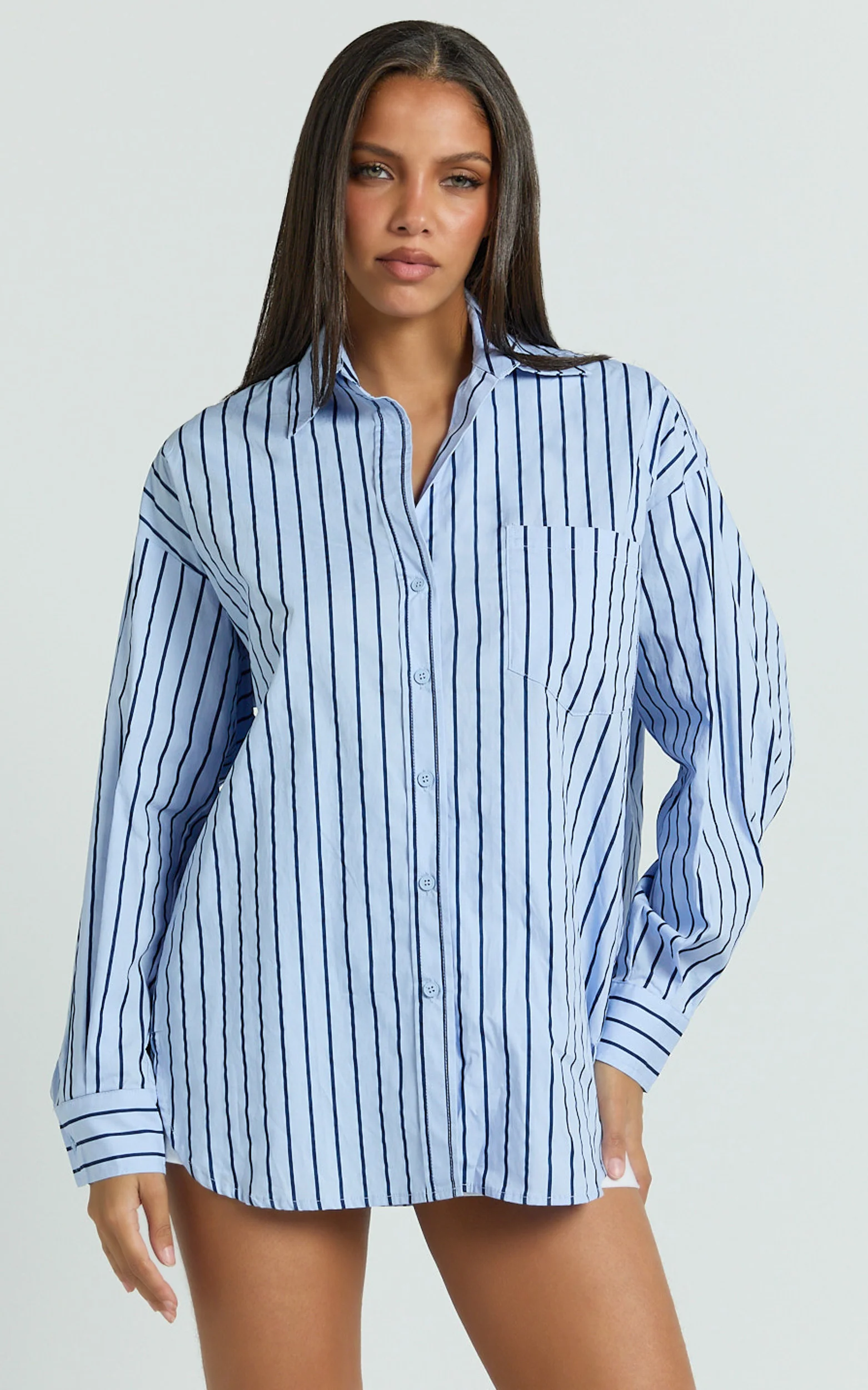 Tristan Top - Oversized Button Down Long Sleeve Striped Shirt in Blue