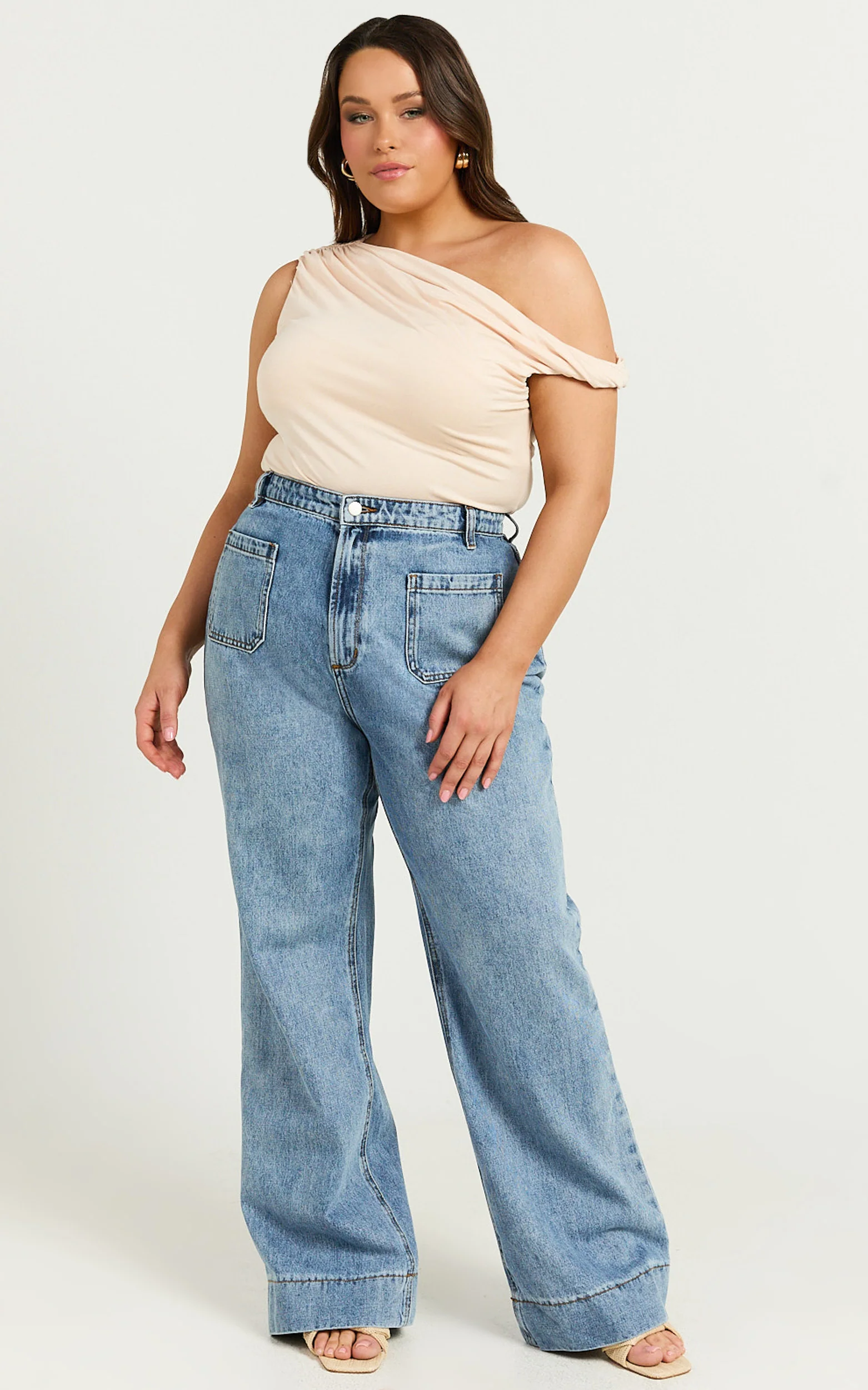 Jialeen Top - Off Shoulder Twist Asymmetrical Sleeve Top in Sand