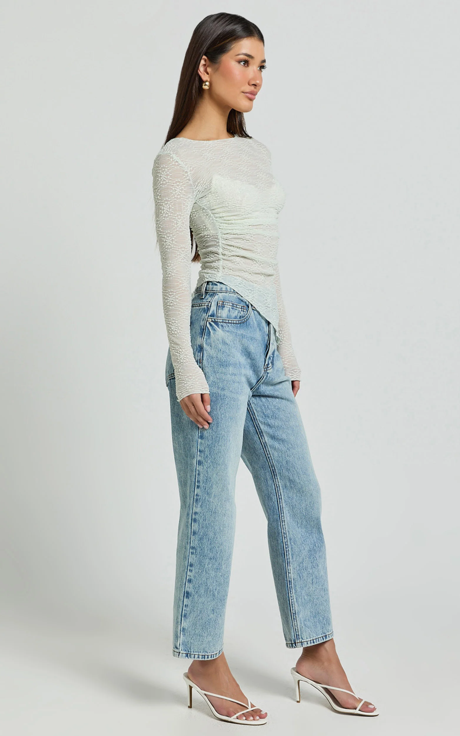 Ellie Top - Asymmetrical Sheer Lace Top in Silver Sage