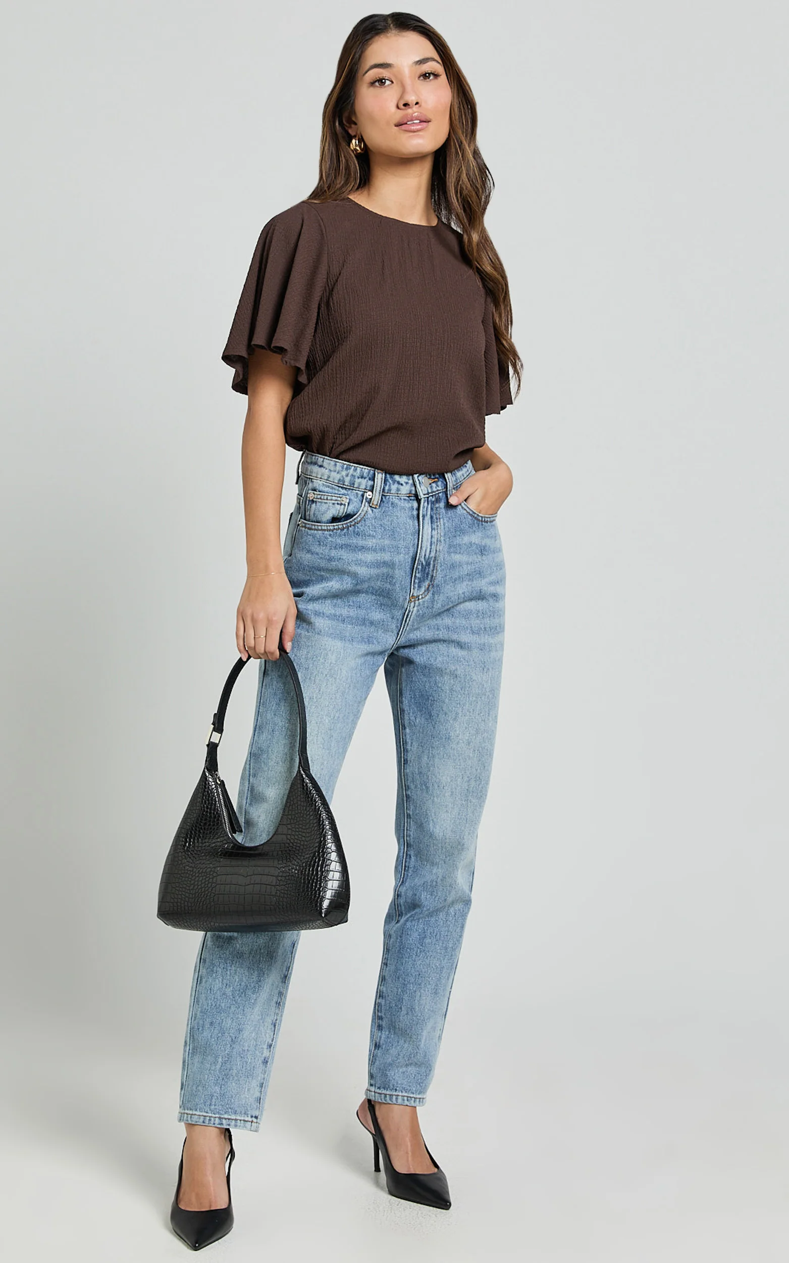 Enzo Top - Flutter Sleeve Scoop Neck Top in Dark Oak