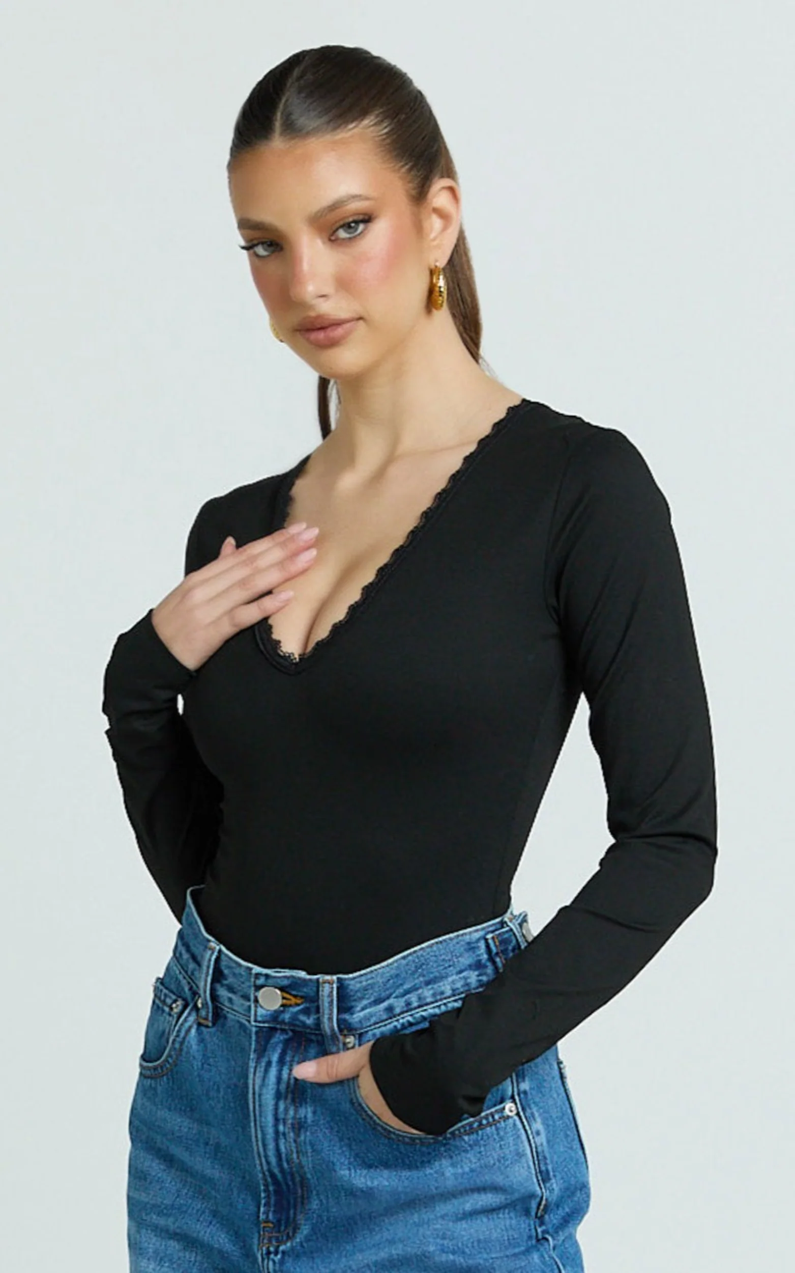 Cassie Bodysuit - Lace Neck Detail Long Sleeve Bodysuit in Black