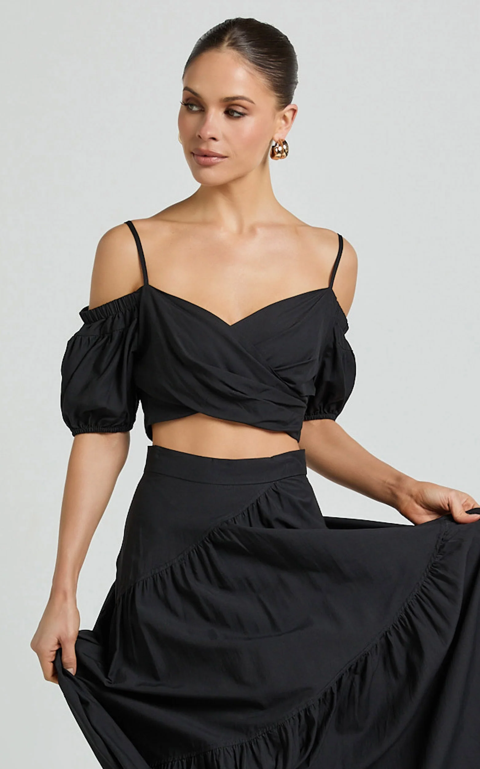 Bella Top - Off Shoulder Cross Over Puff Sleeve Crop Top in Black