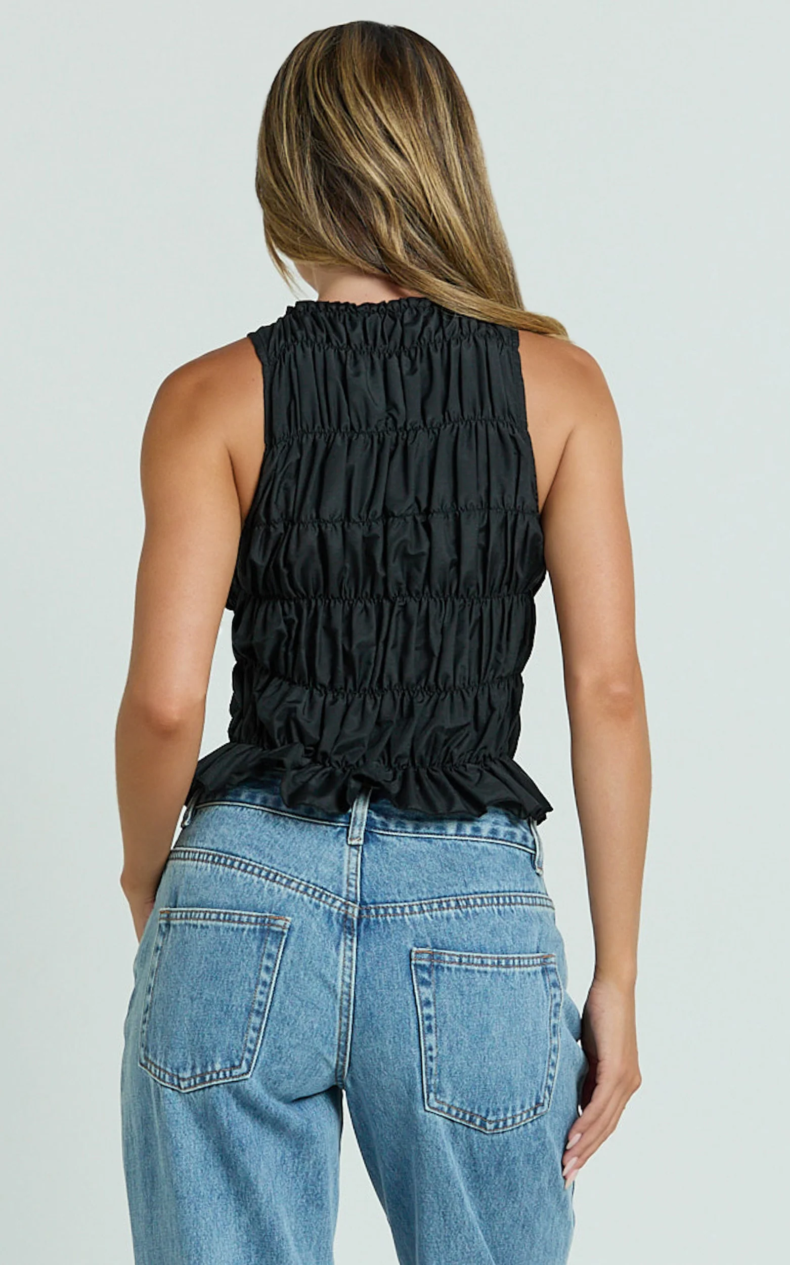 Aphrodite Top - Boat Neck Sleeveless Ruched Detail Top in Black