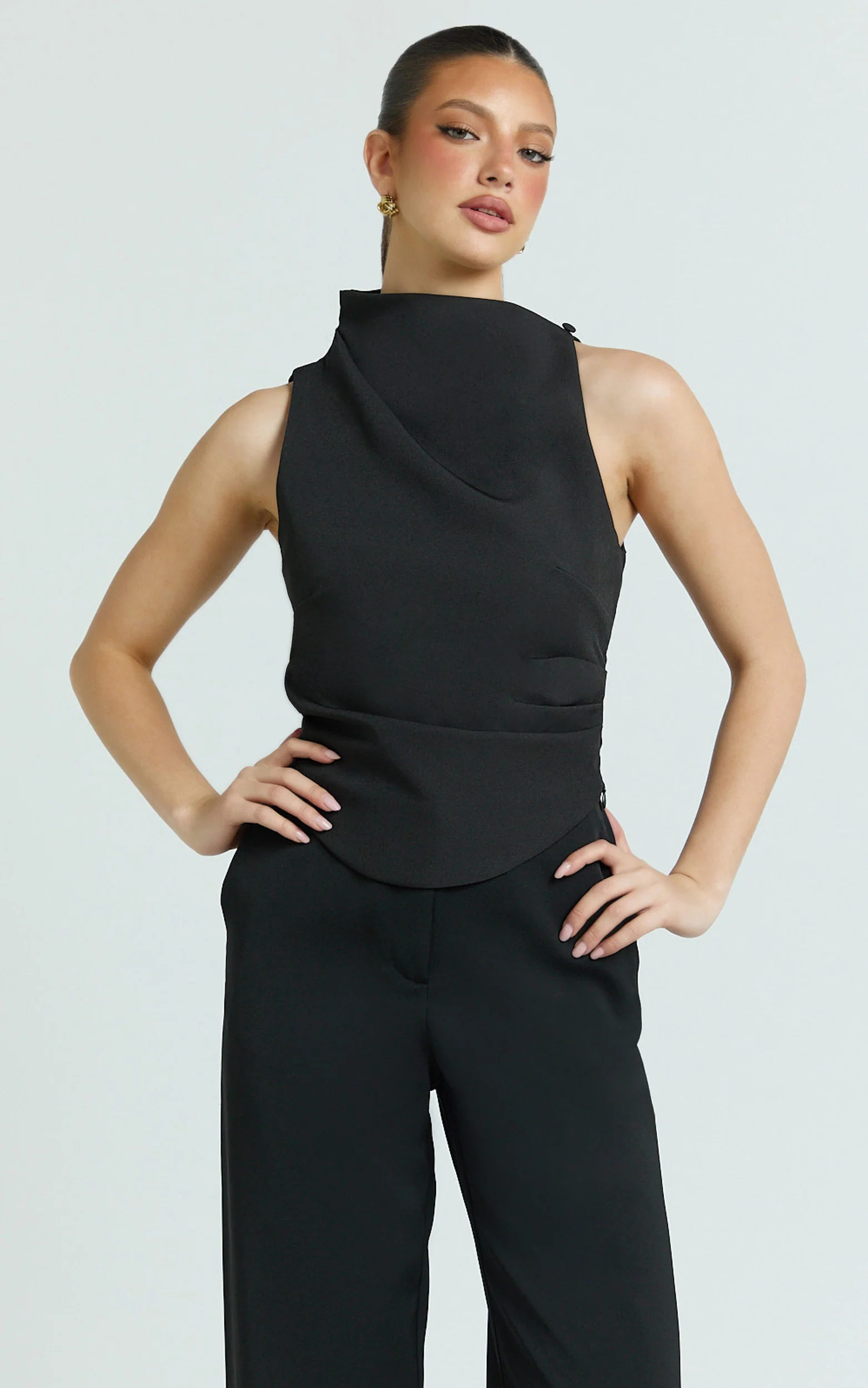 Harlene Top - Draped Tucked Neck Sleeveless Top in Black
