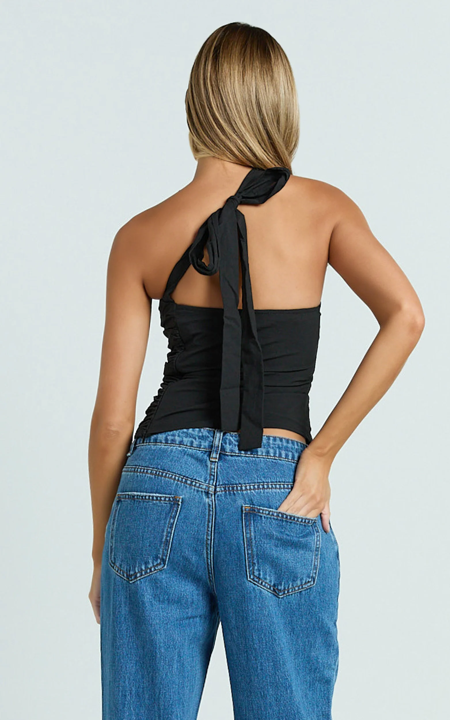 Stella Top - Linen Look Asymmetric Halter Top in Black