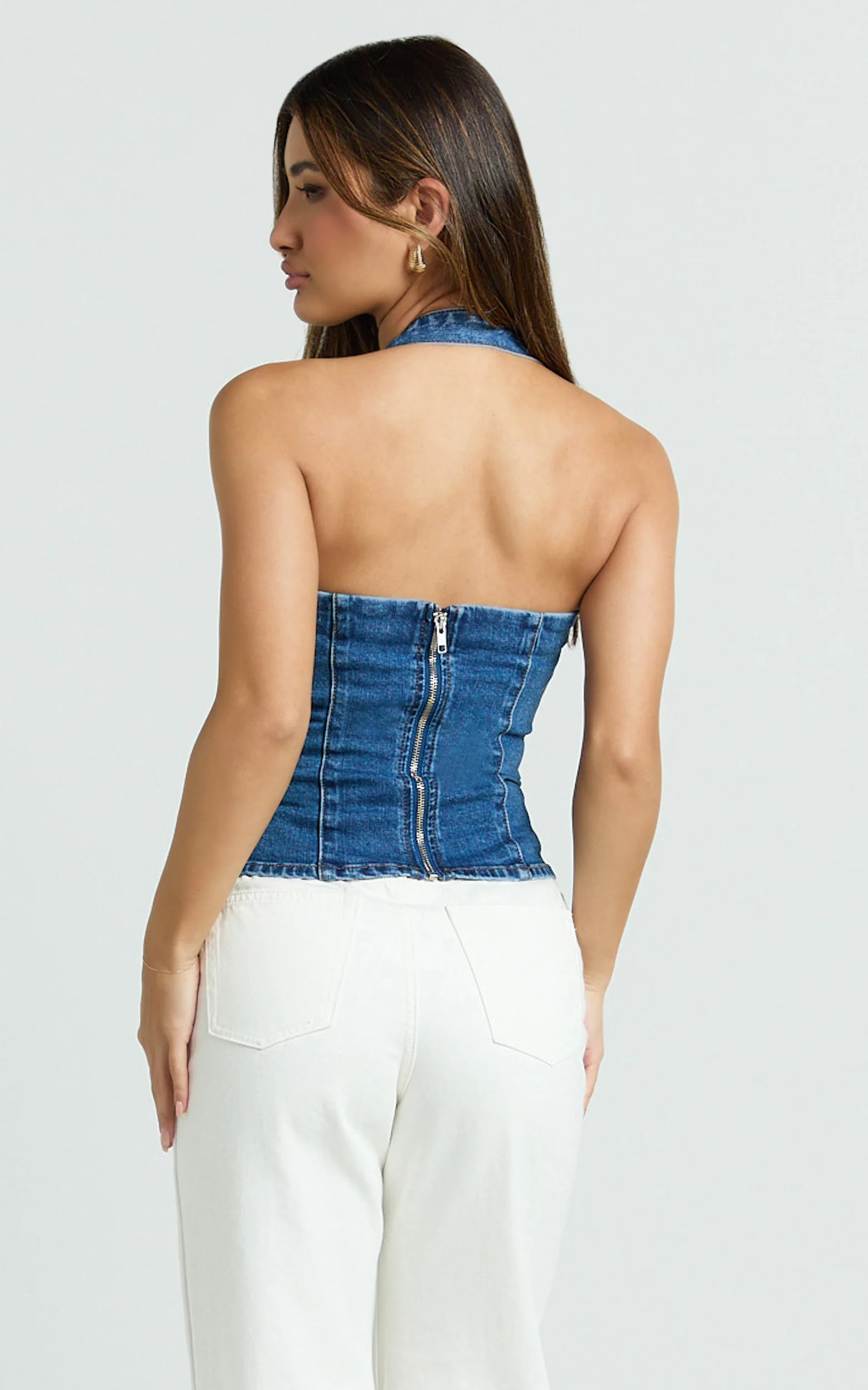 Nicky Top - Denim Hardware Buckle Halter Neck Top in Dark Blue Wash