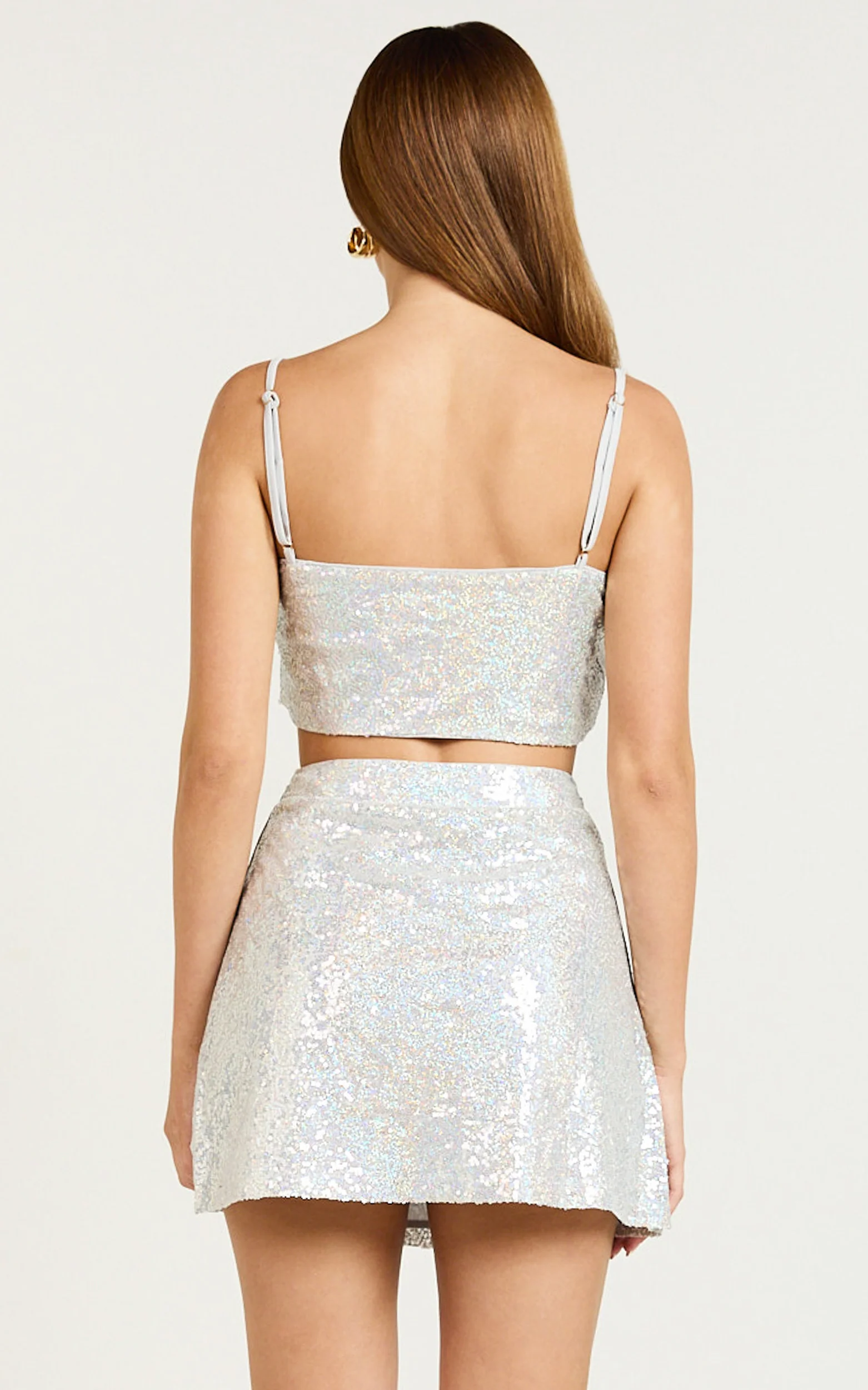 Elswyth Top - Strappy Sequin Crop Cami Top in Silver