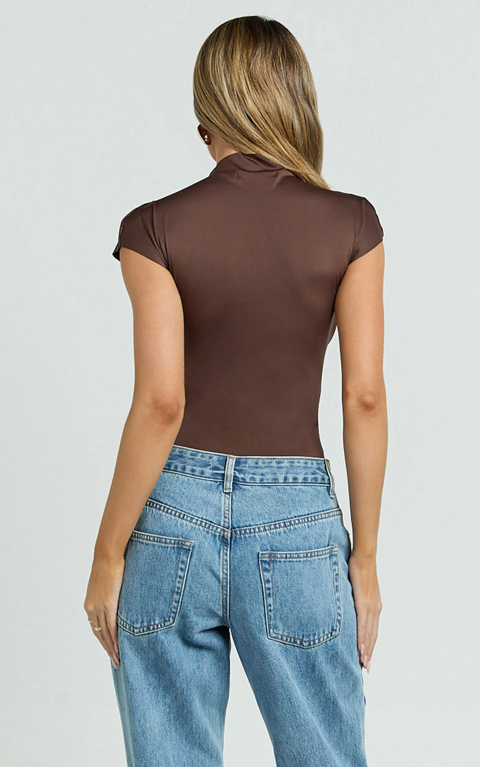 Melanie Bodysuit - Cap Sleeve High Neck Bodysuit in Chocolate