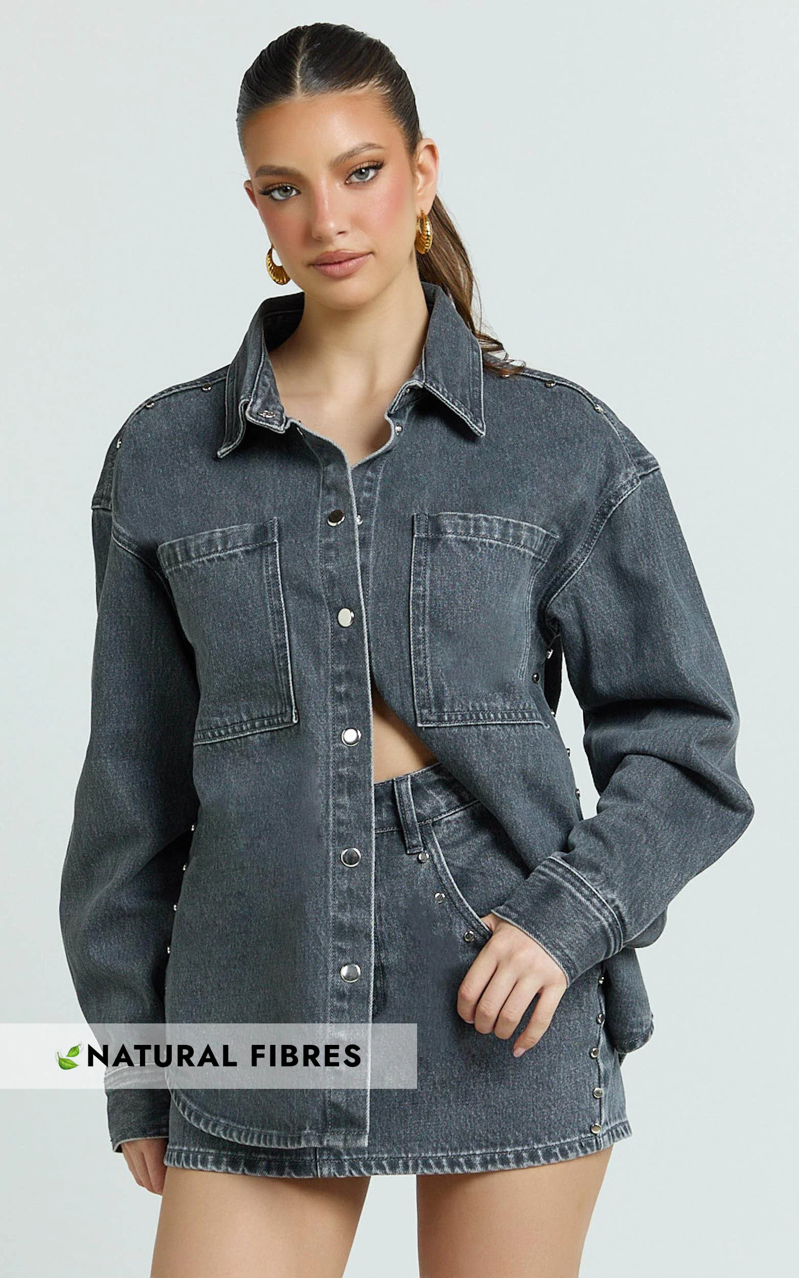 Makayla Top - Long Sleeve Stud Detail Denim Shirt in Dark Grey