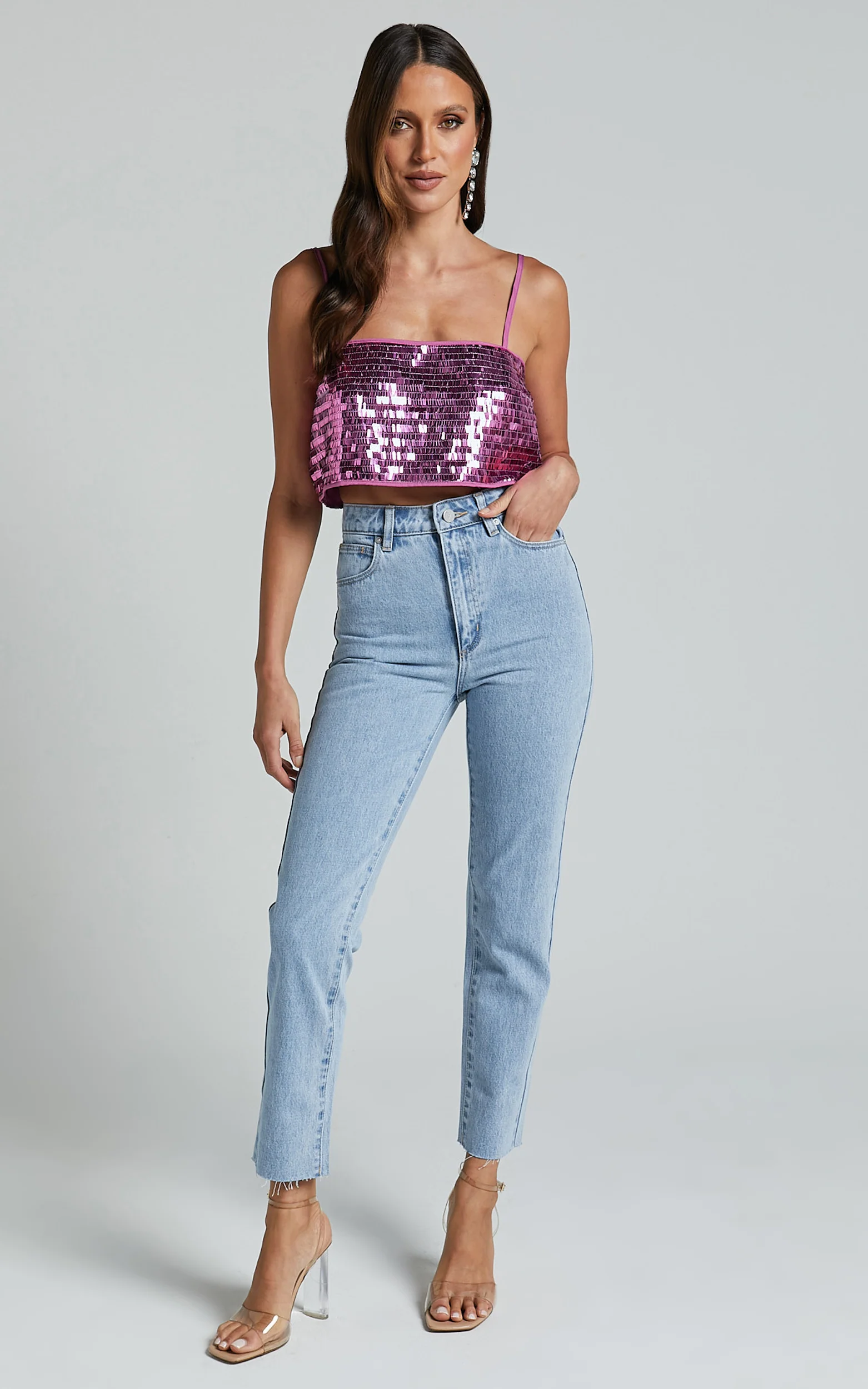 Barlyn Crop Top - Square Neck Crop Flat Sequin Top in Orchid