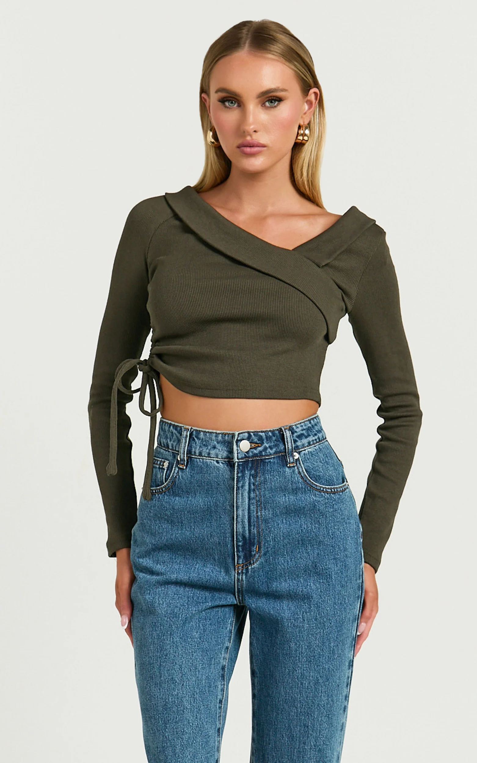 Keisha Top - Asymmetrical Long Sleeve Drawstring Top in Dark Olive