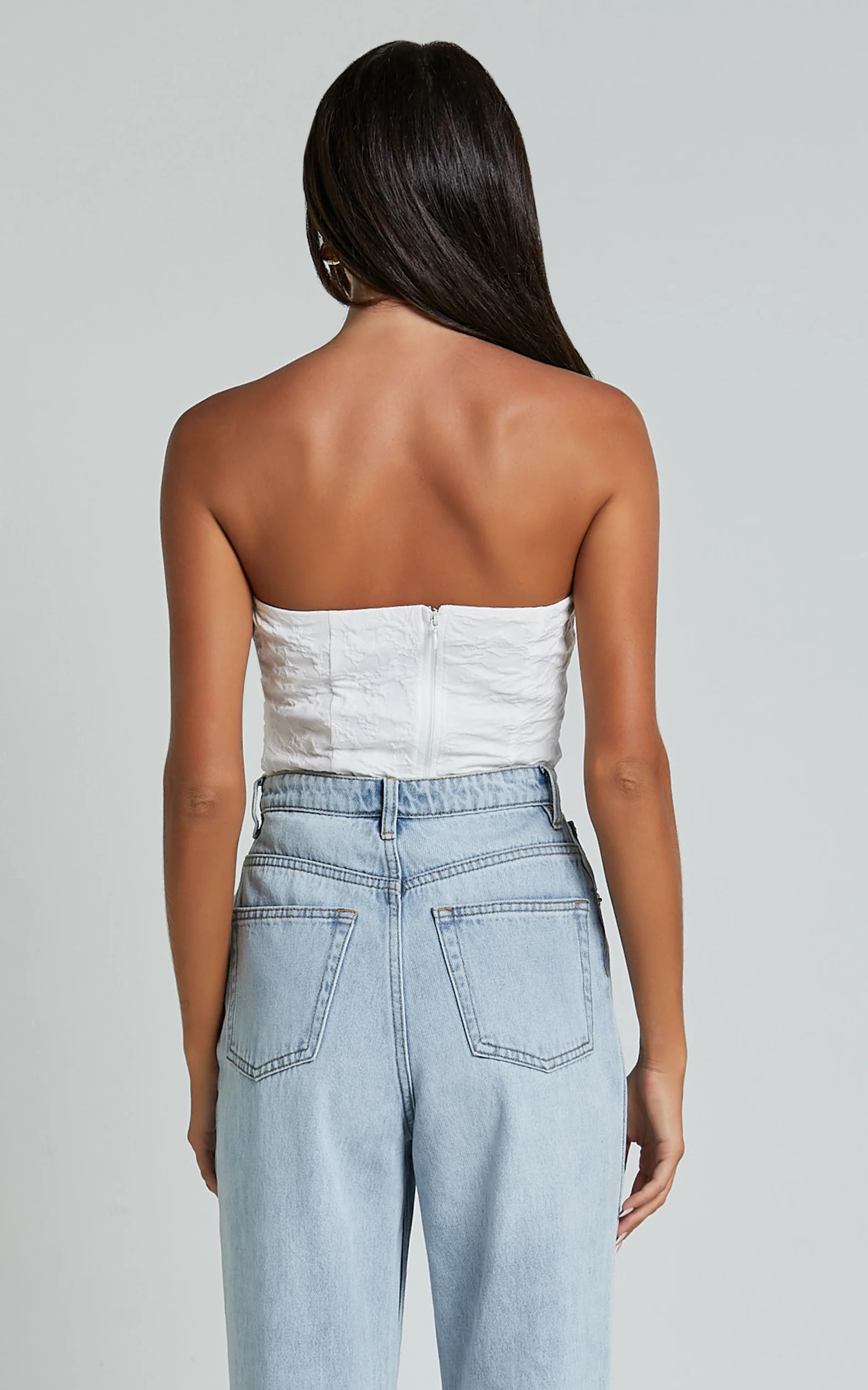 Brooke Top - Strapless Jacquard Detachable Rosette Top in White