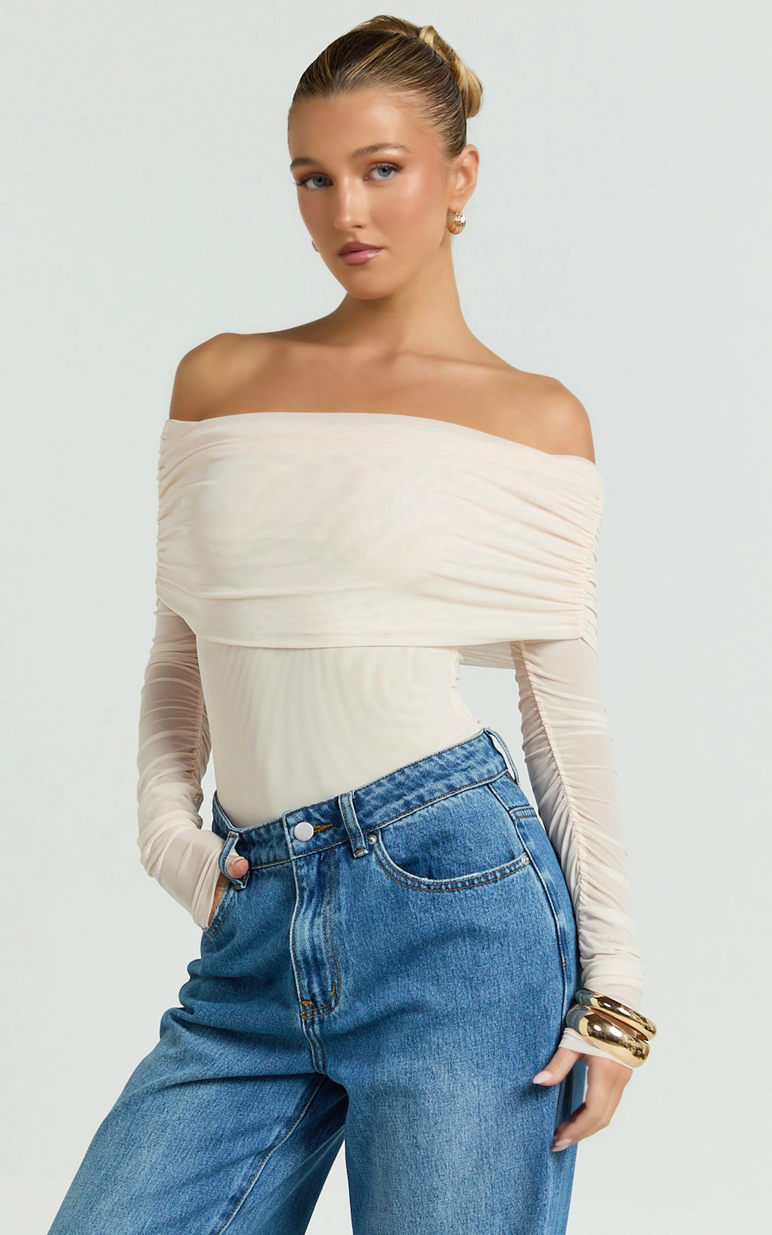 Jaythen Bodysuit - Long Sleeve Off Shoulder Ruched Mesh Bodysuit in Cream