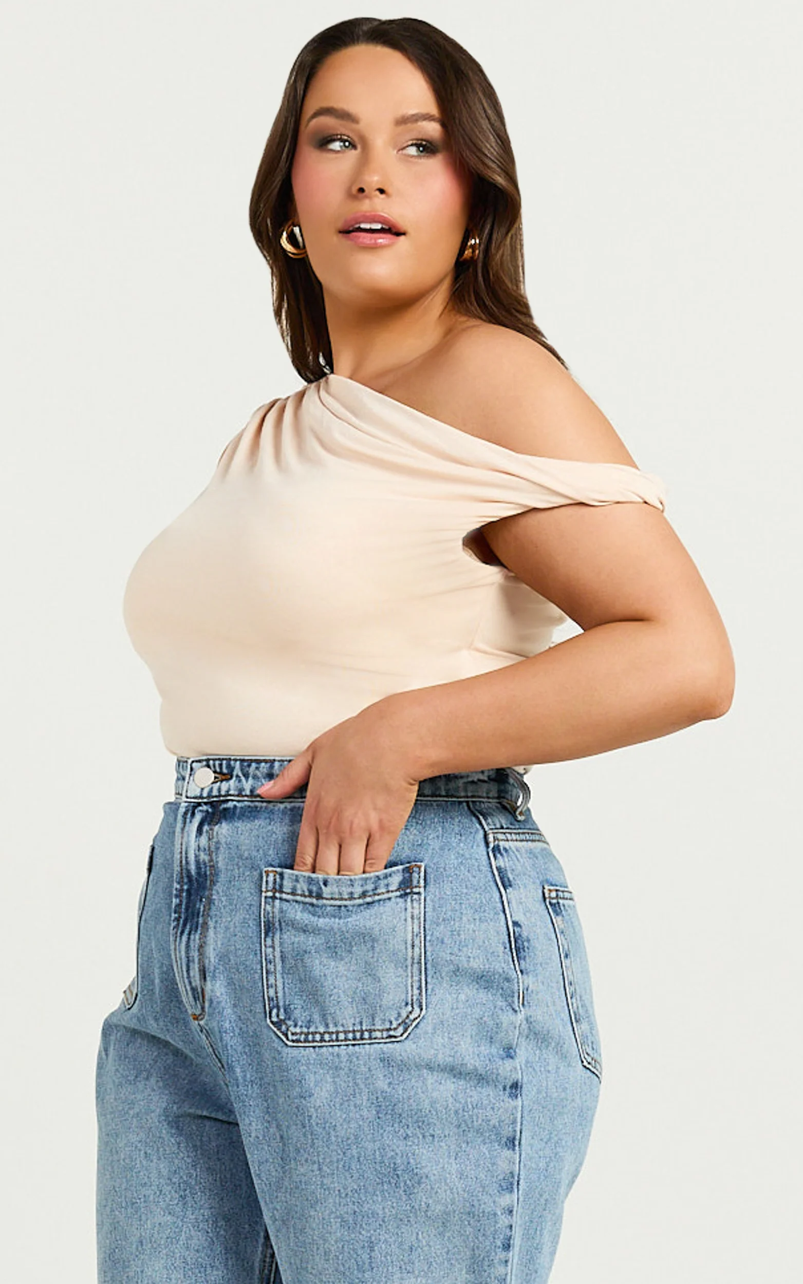 Jialeen Top - Off Shoulder Twist Asymmetrical Sleeve Top in Sand