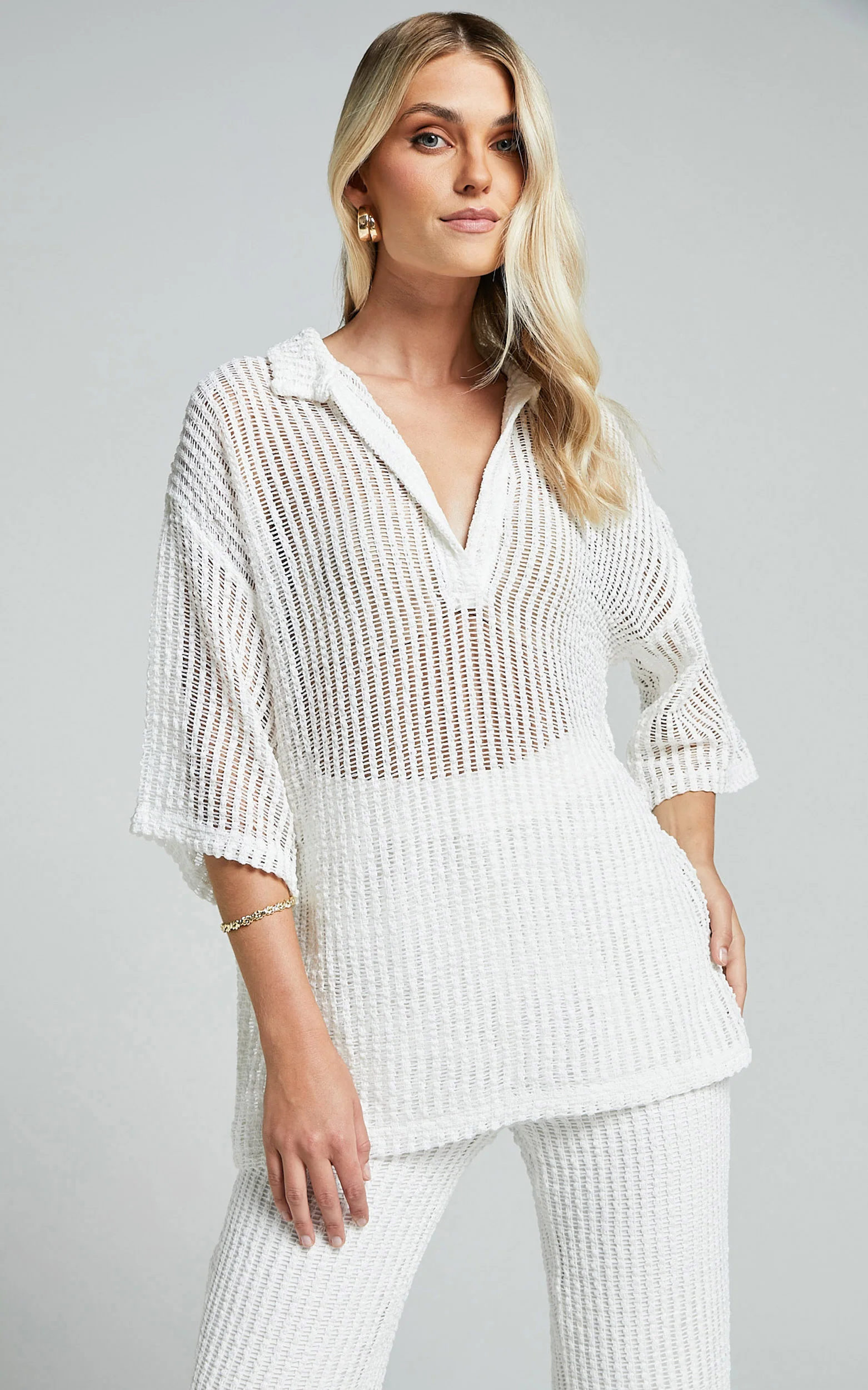 Cessily Top - V Neck Oversized Sheer Crochet Blouse in White