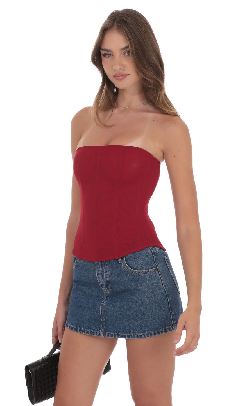Sheer Mesh Strapless Corset Top in Red