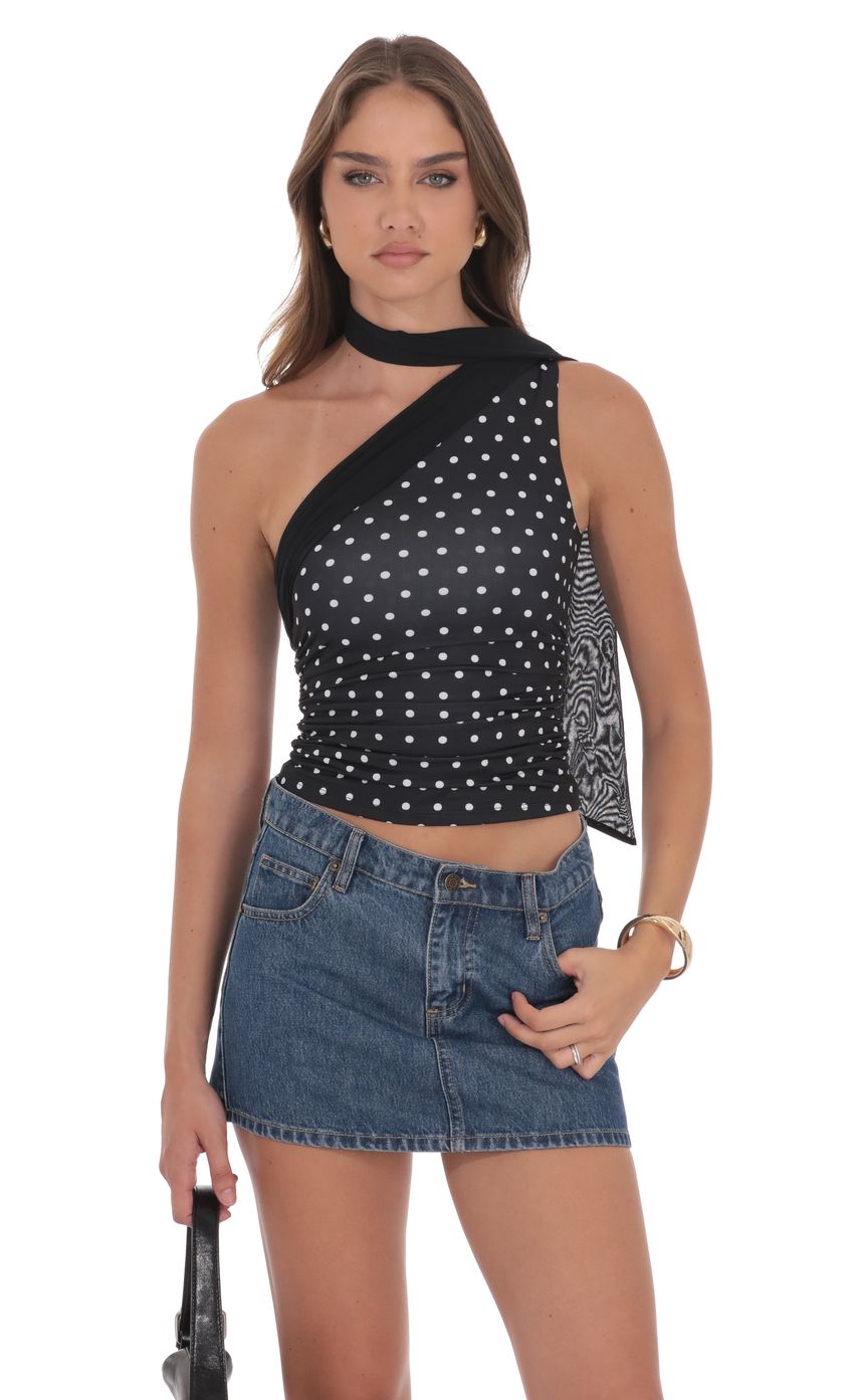 Mesh Scarf Polka Dot Halter Top in Black