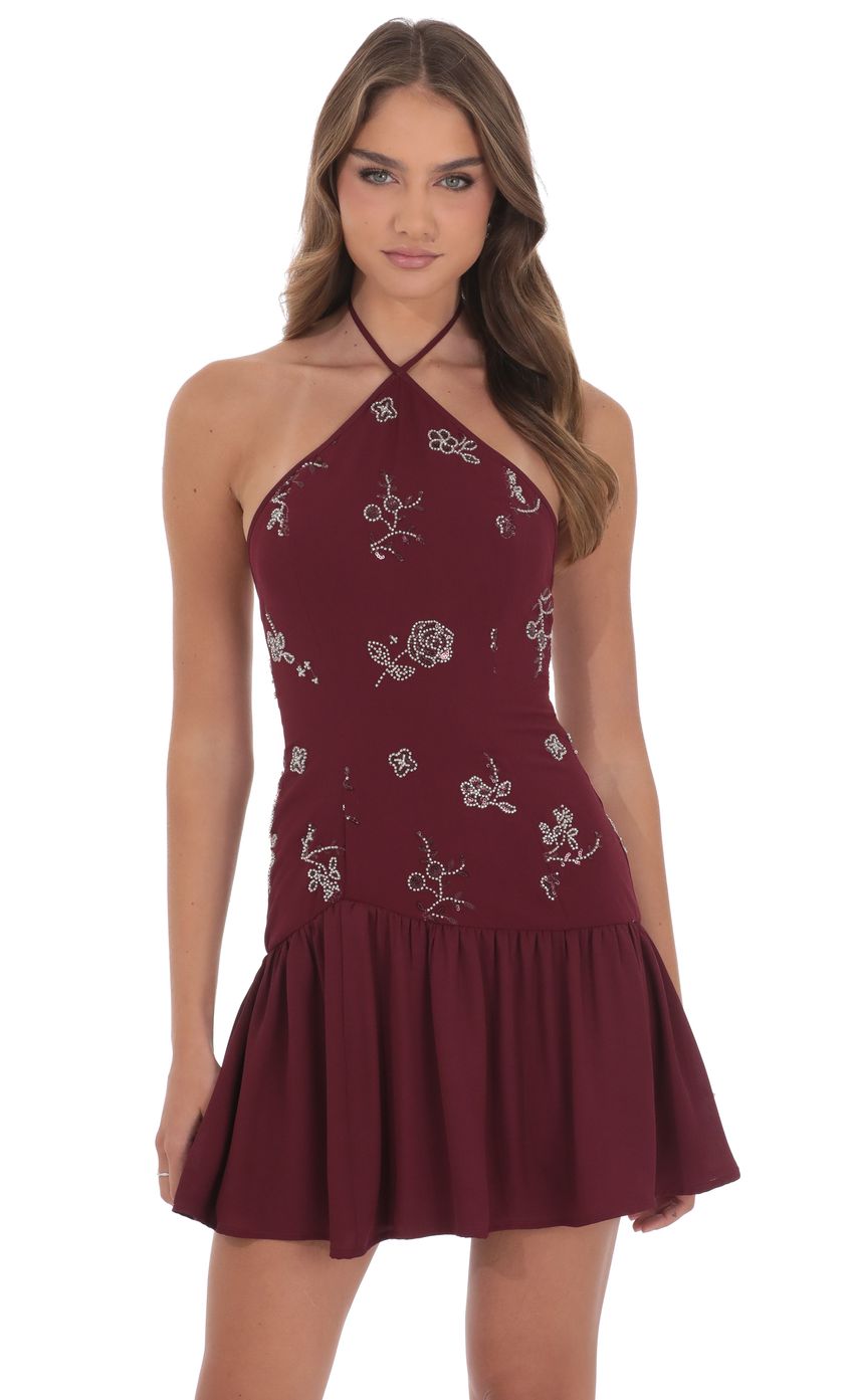 Floral Beaded Halter Dress in Burgundy